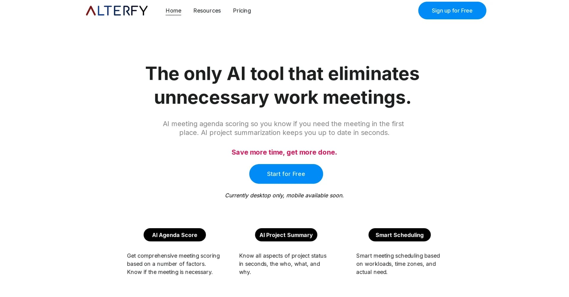 Alterfy homepage screenshot — Eliminate unnecessary meetings with AI.