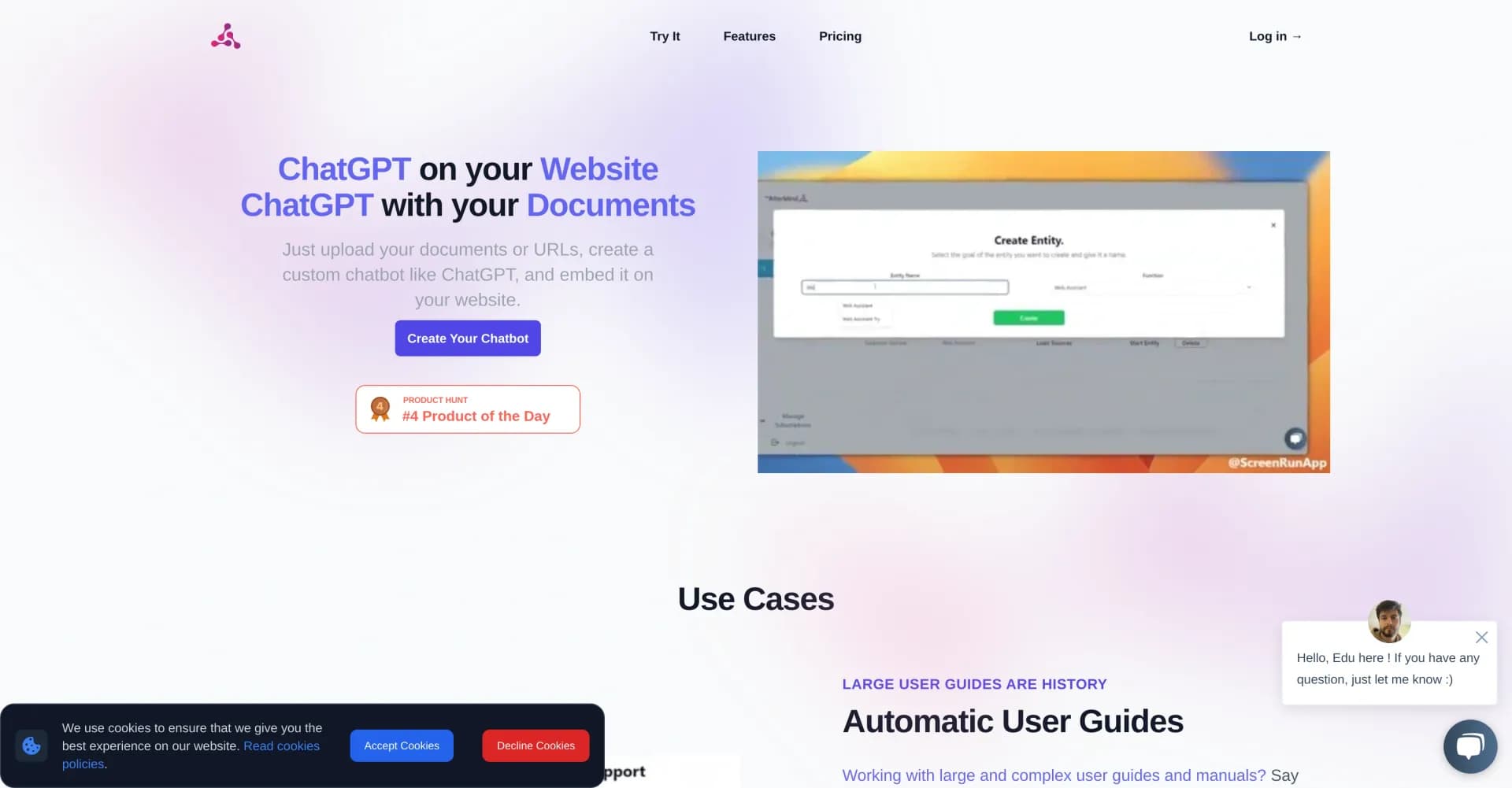 Altermind homepage screenshot — Embed custom ChatGPT bots with your data on your site.