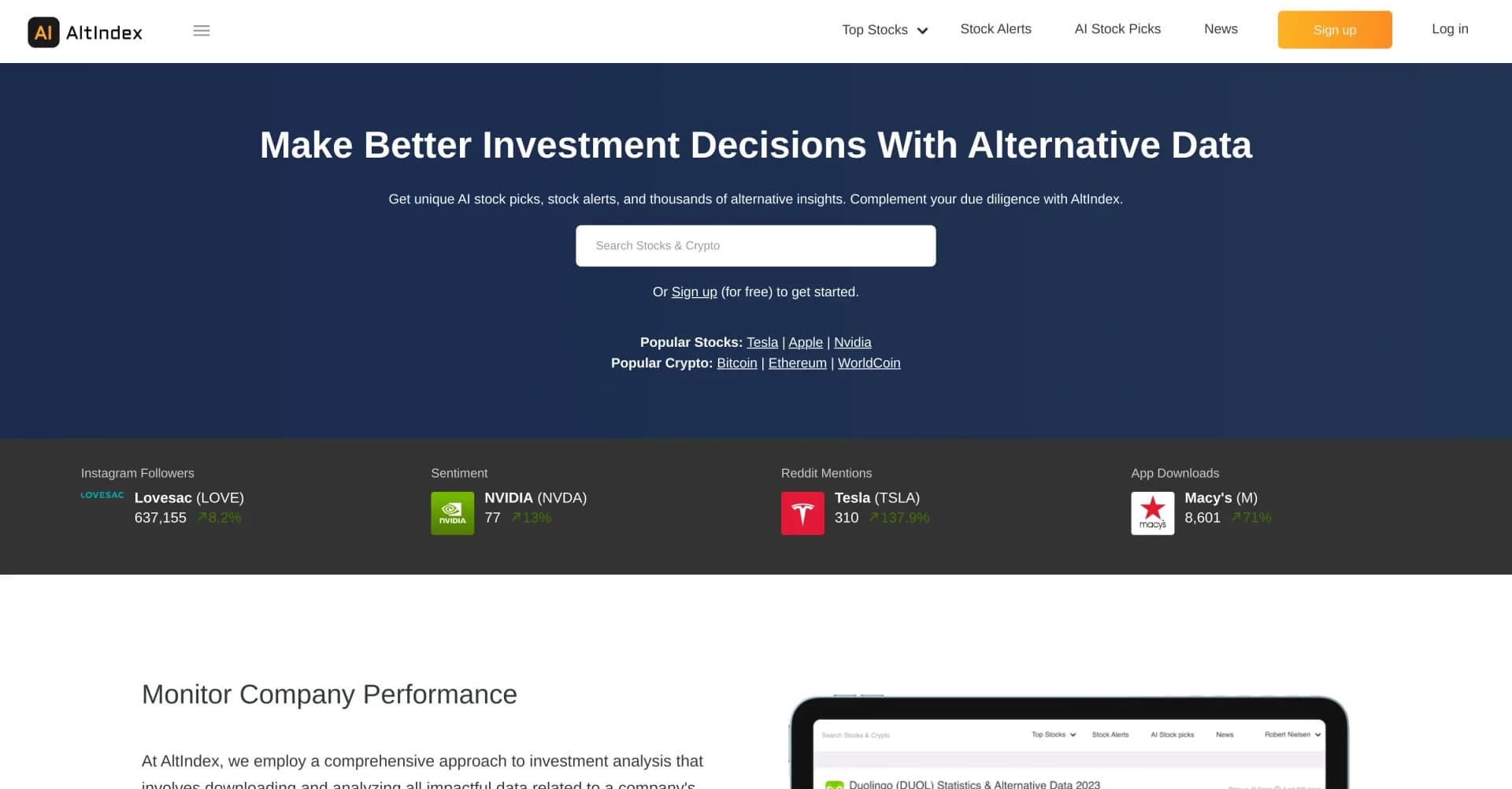 AltIndex homepage screenshot — Free alternative data dashboard for smarter investing