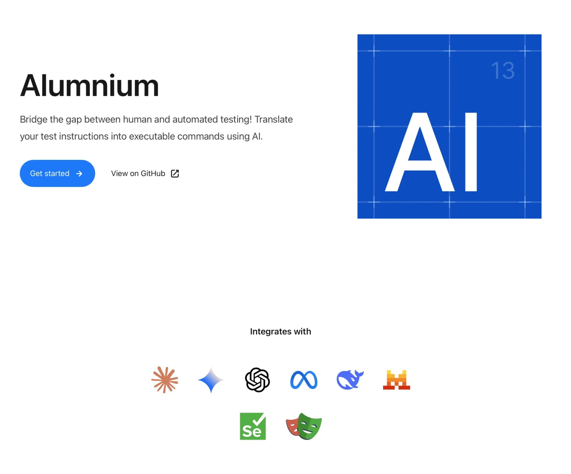 Alumnium homepage screenshot — AI-powered test automation from human instructions