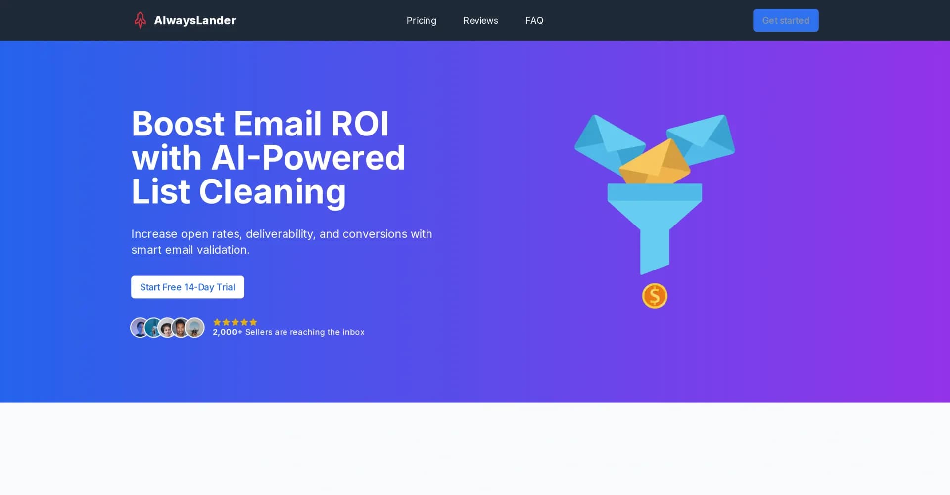 AlwaysLander homepage screenshot — Boost email ROI with AI-powered list cleaning