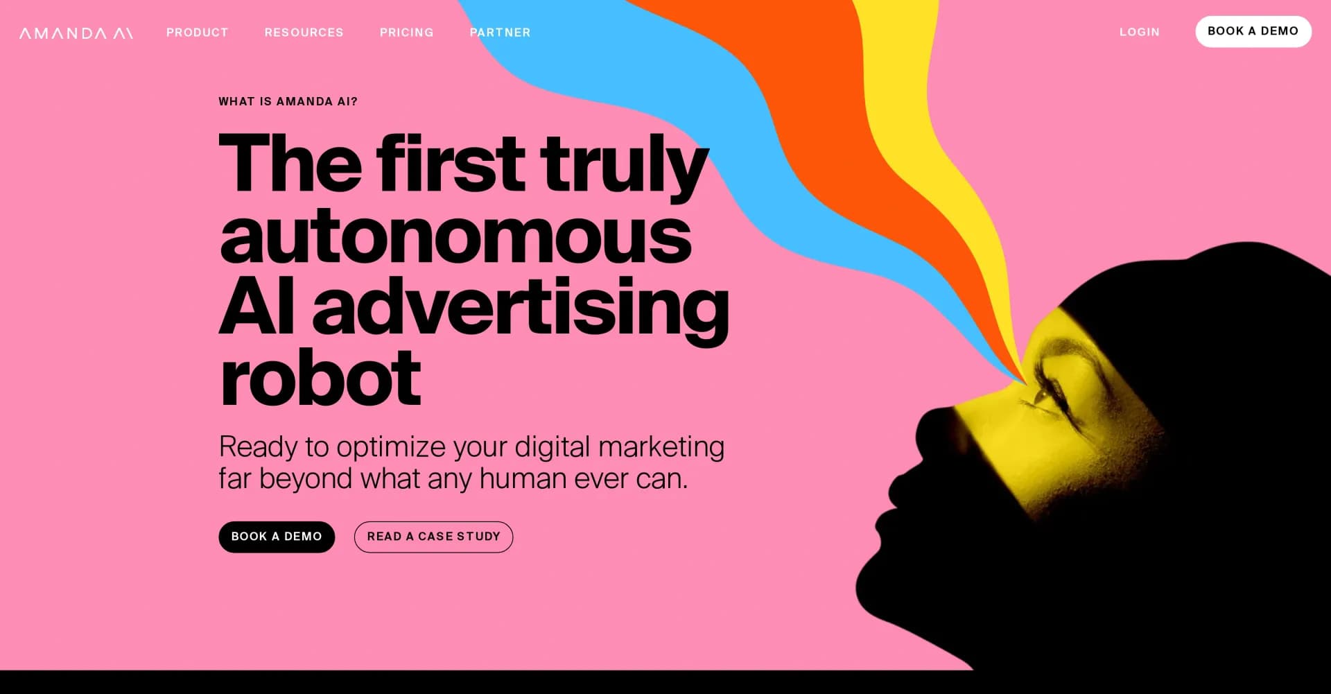 Amanda AI homepage screenshot — Autonomous AI advertising robot optimizes digital marketing 