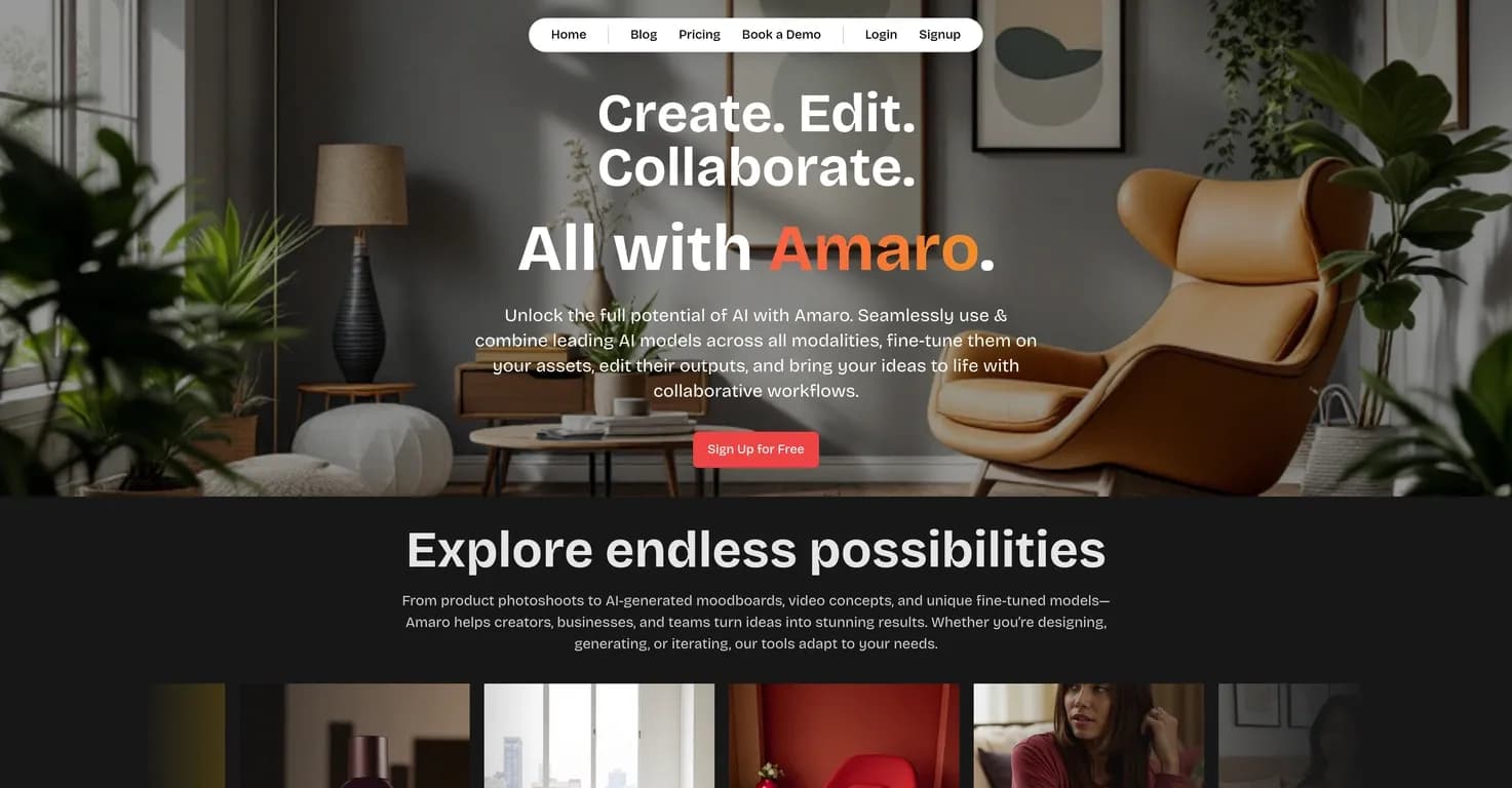 Amaro homepage screenshot — Unleash creativity with AI across all media types.