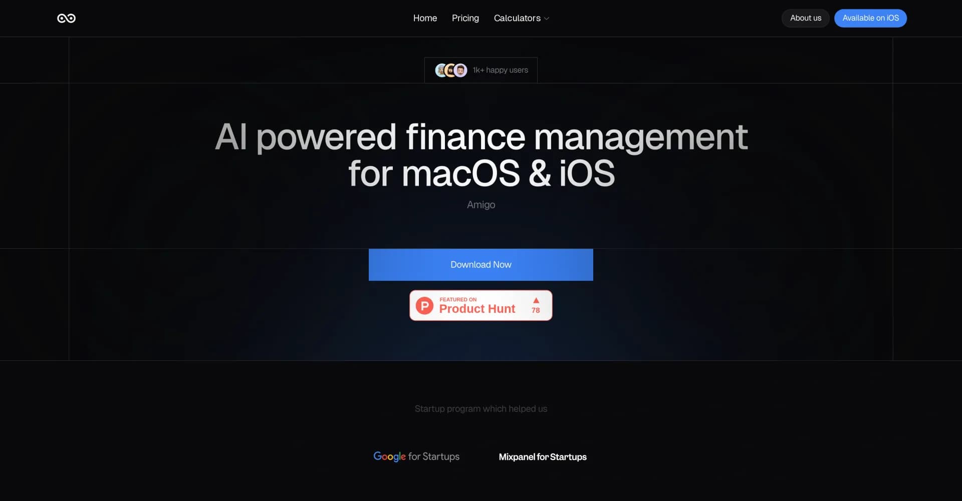 Amigo AI homepage screenshot — AI-powered finance management for smarter budgeting