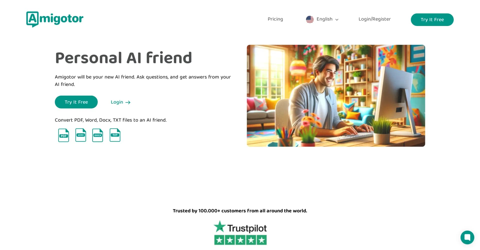 Amigotor homepage screenshot — Bring your files and knowledge to life with AI chat.