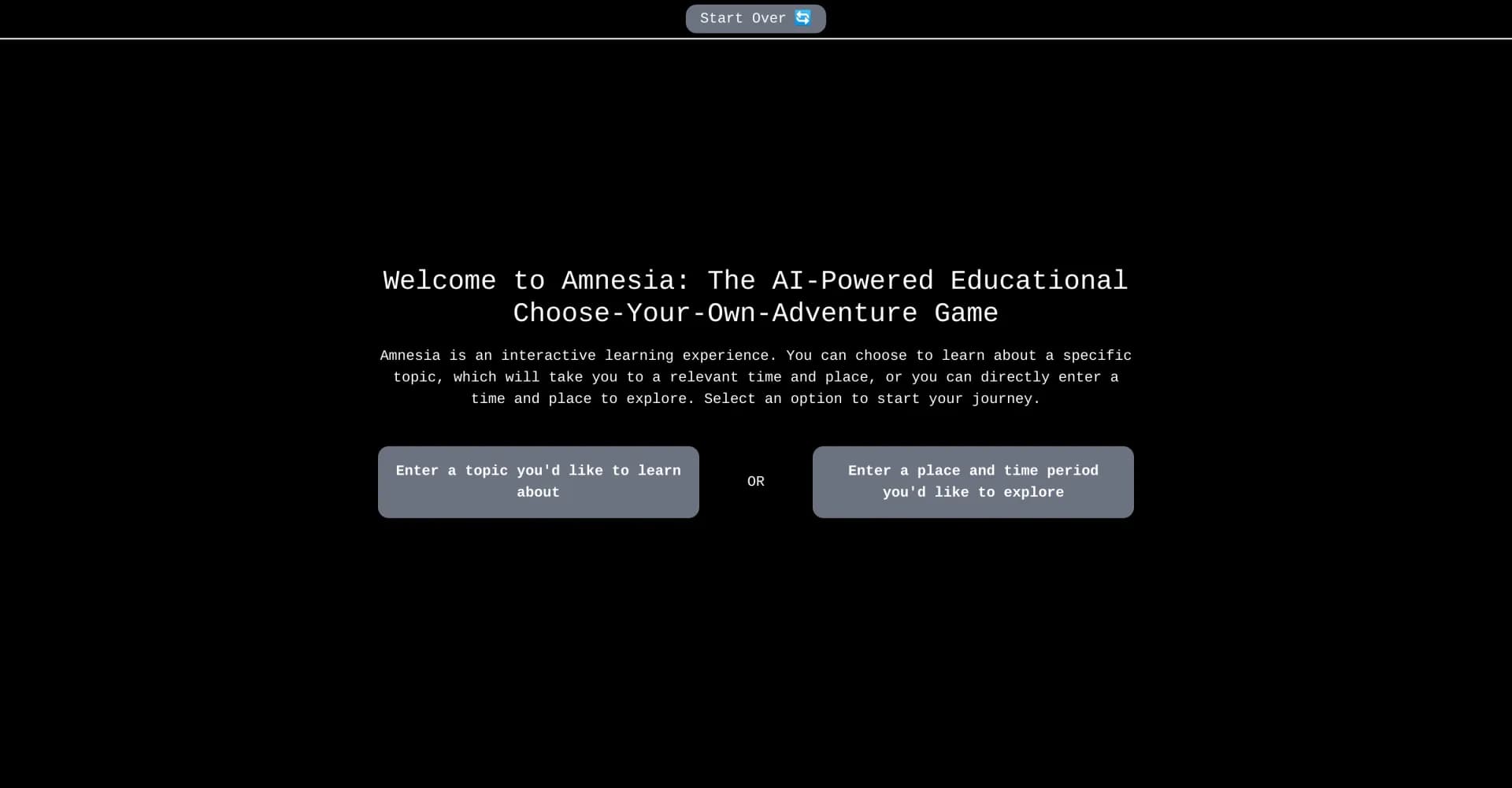 Amnesia homepage screenshot — Learn through interactive storytelling.