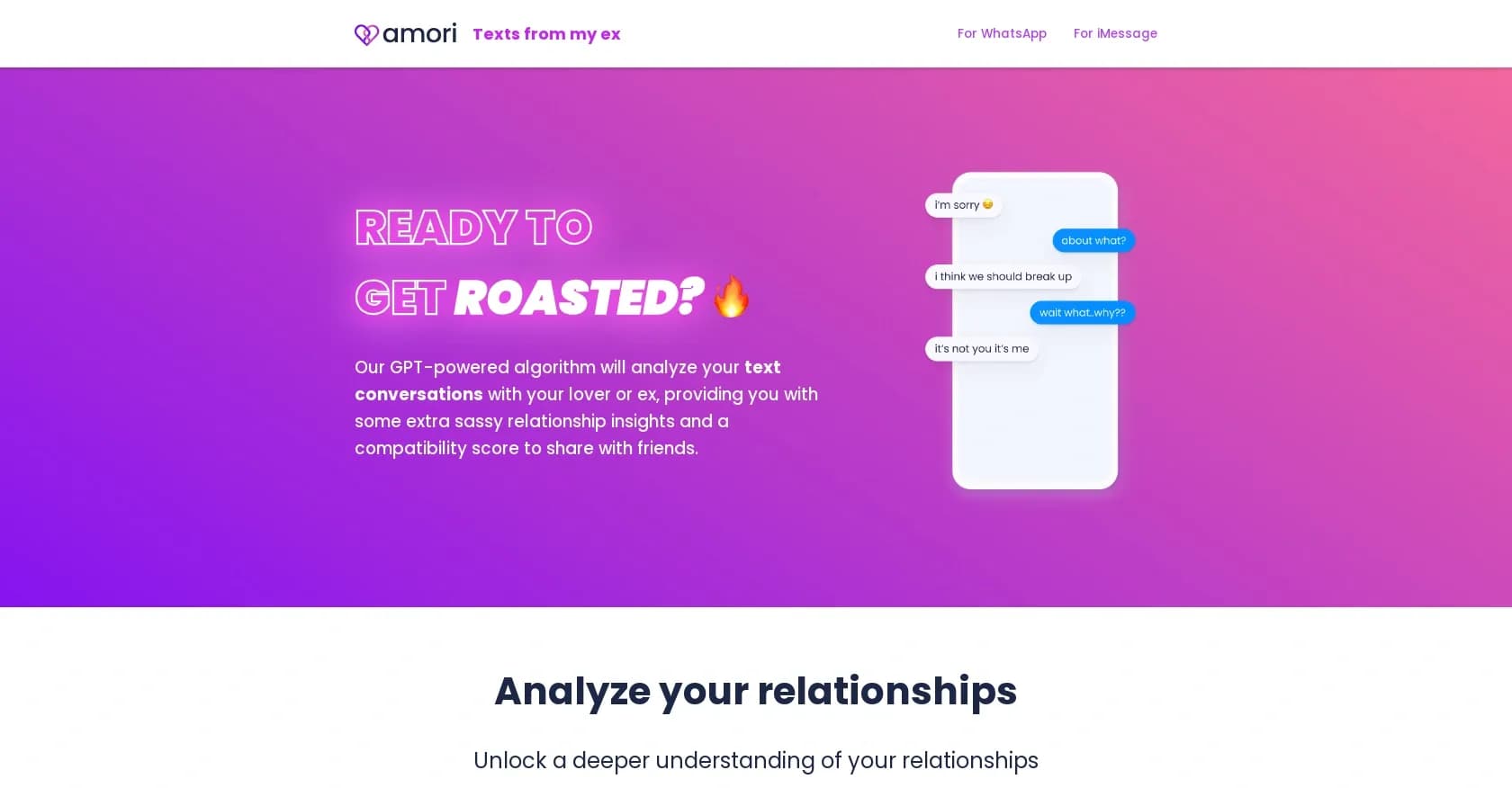 Amori homepage screenshot — Analyze texts for sassy relationship insights.
