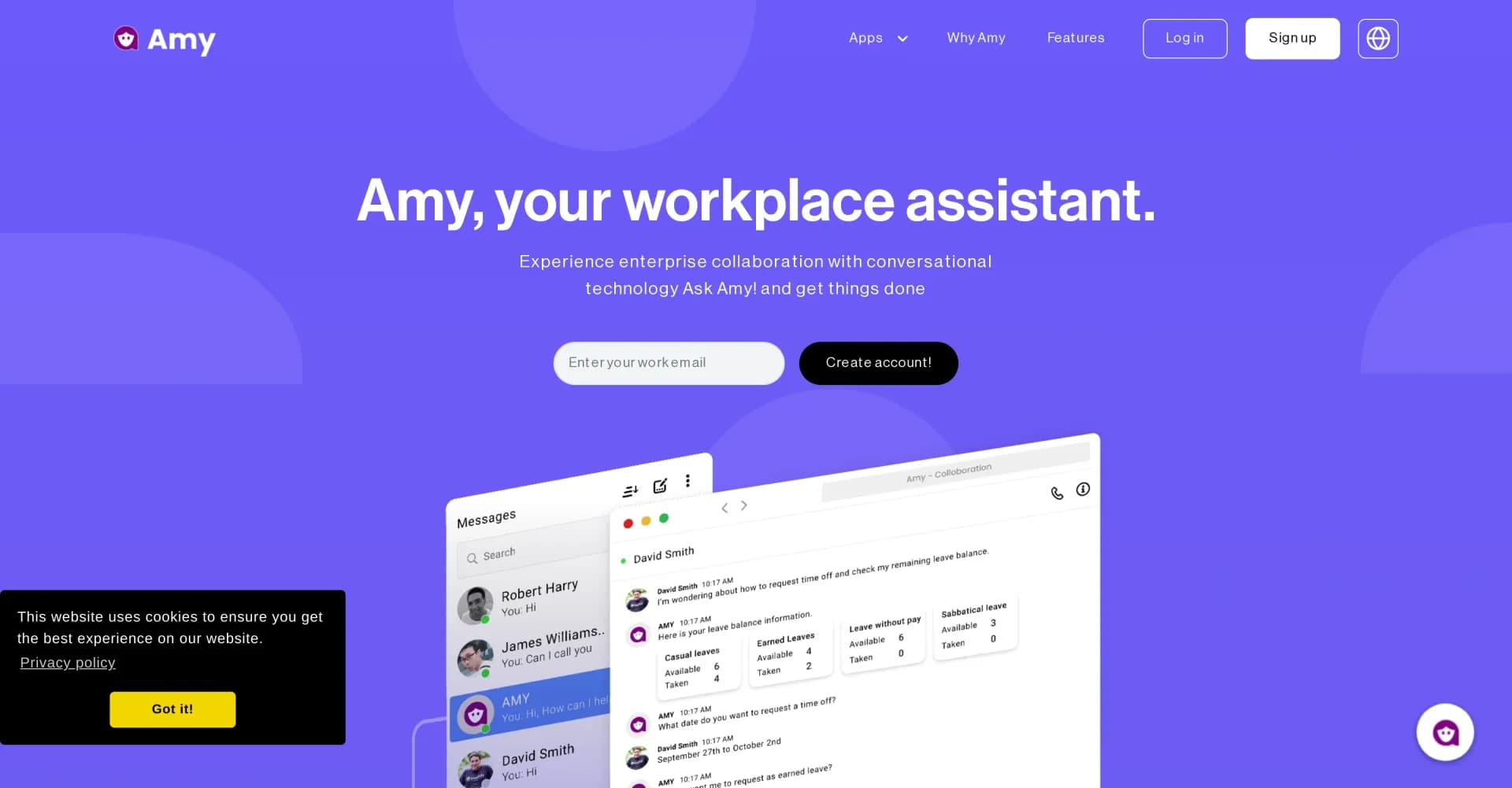 Amy Pro homepage screenshot — Simplify work with Amy, your voice-powered assistant.