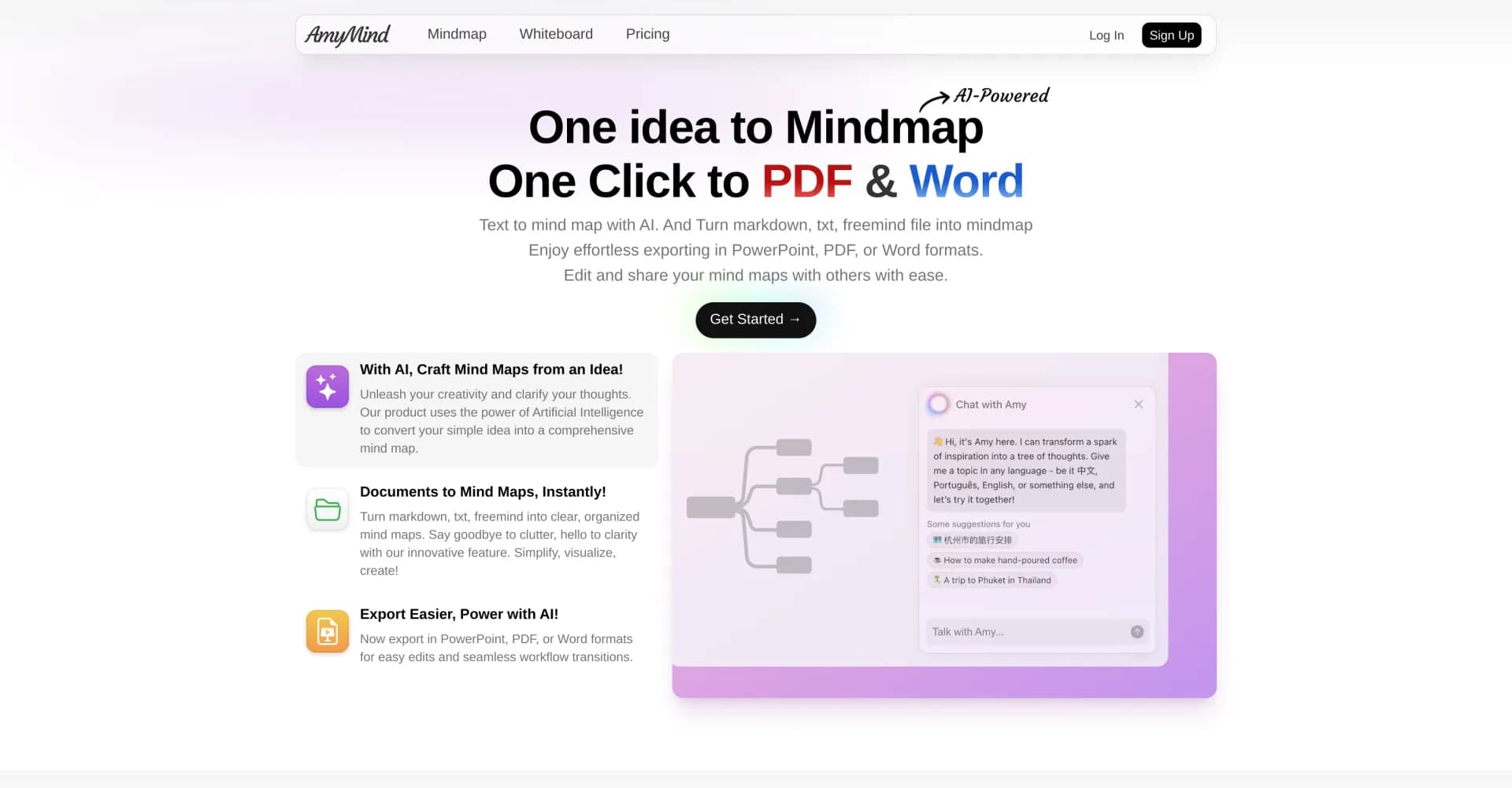 AmyMind homepage screenshot — AI-powered mind mapping: From idea to visual in one click.