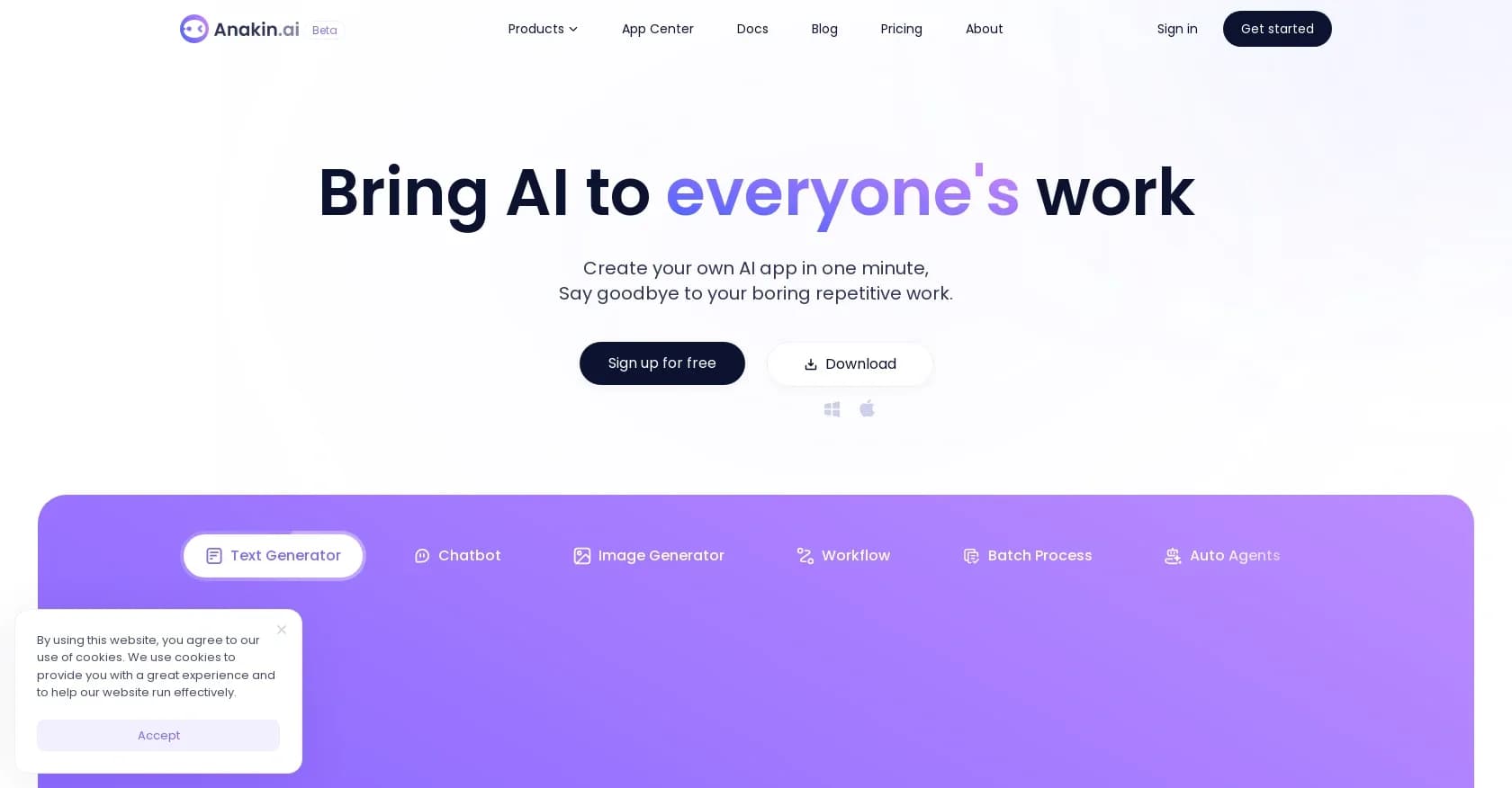 Anakin homepage screenshot — Create AI apps in minutes, automate repetitive work.
