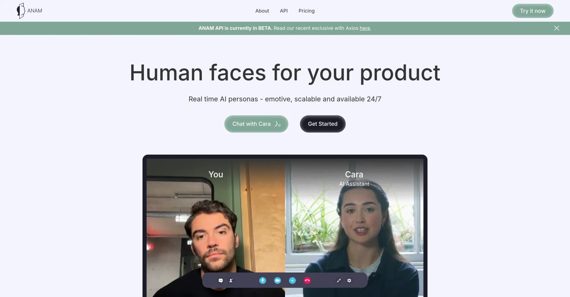 Anam.ai homepage screenshot — Real-time AI personas for scalable human-like interactions