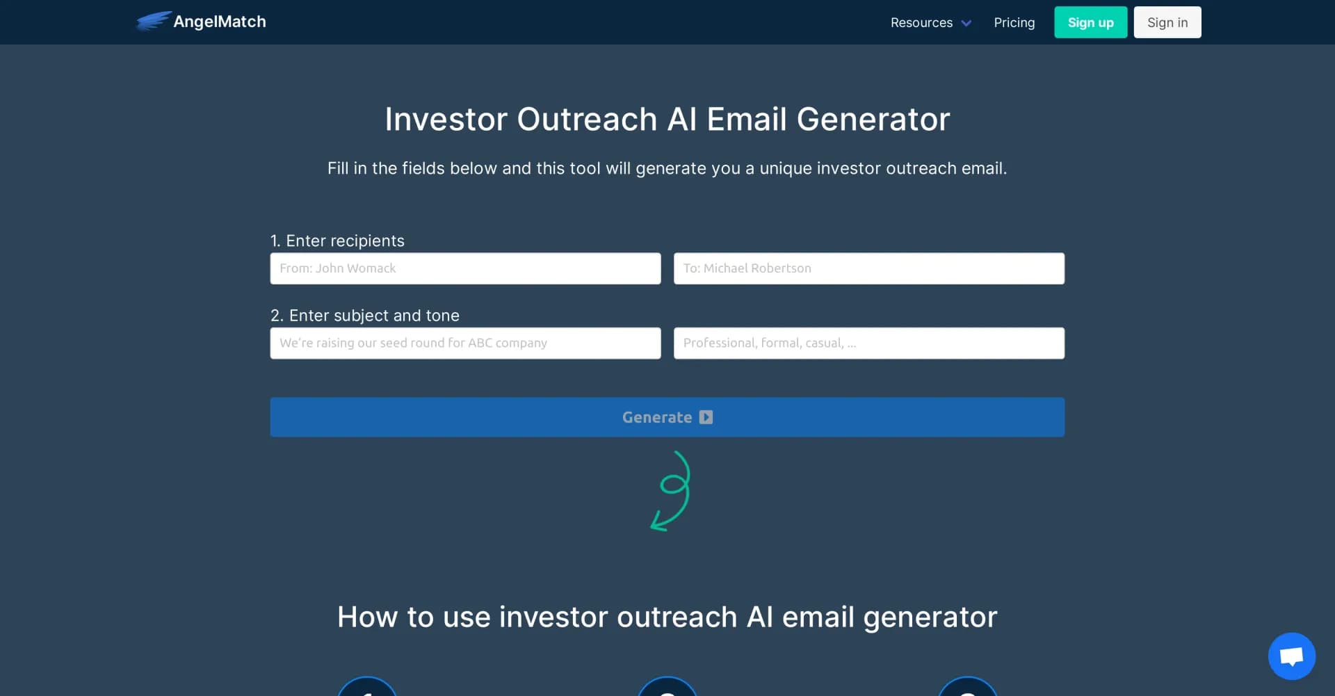 Angel Match homepage screenshot — Craft personalized investor emails with AI in seconds.