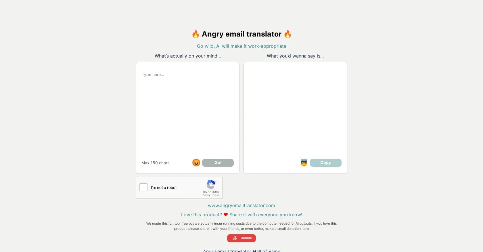 Angry Email Translator homepage screenshot — Transform angry emails into polite, professional messages.