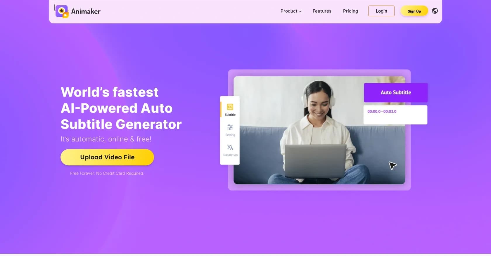Animaker Subtitles homepage screenshot — Generate subtitles for videos with AI in one click.
