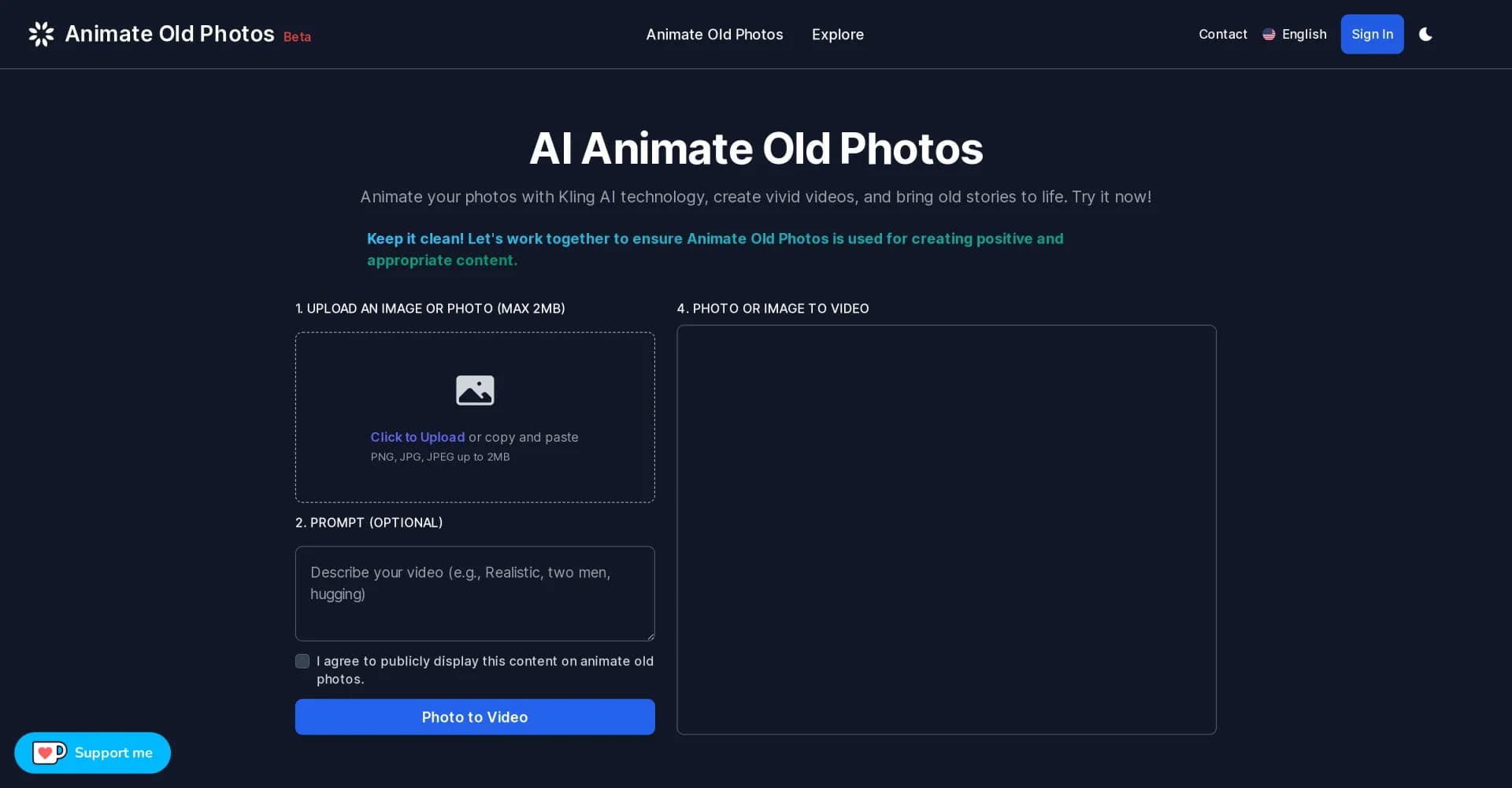 Animate Old Photos homepage screenshot — Bring old photos to life with AI animation