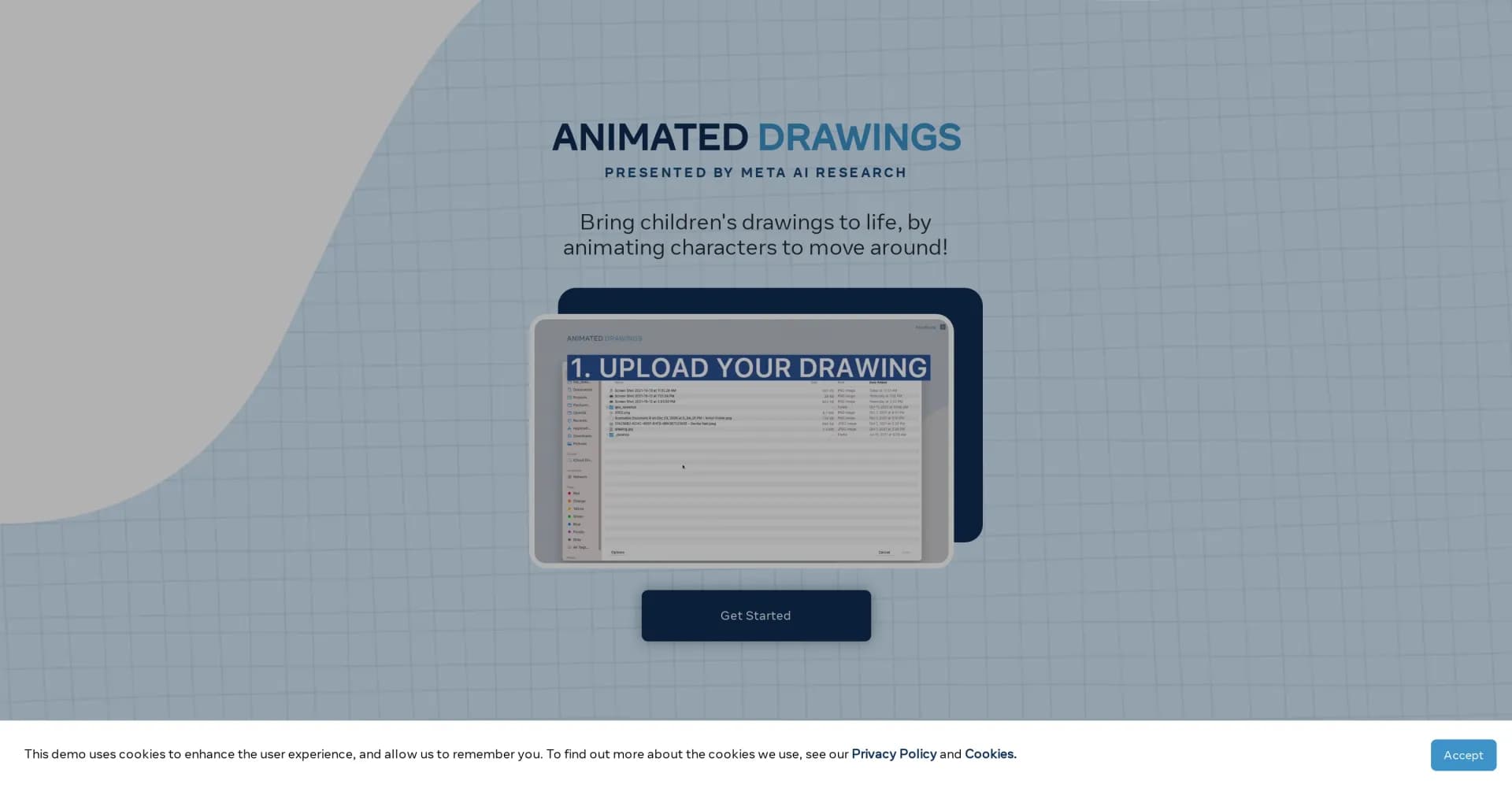 AnimatedDrawings by Meta homepage screenshot — Bring children's drawings to life through animation.