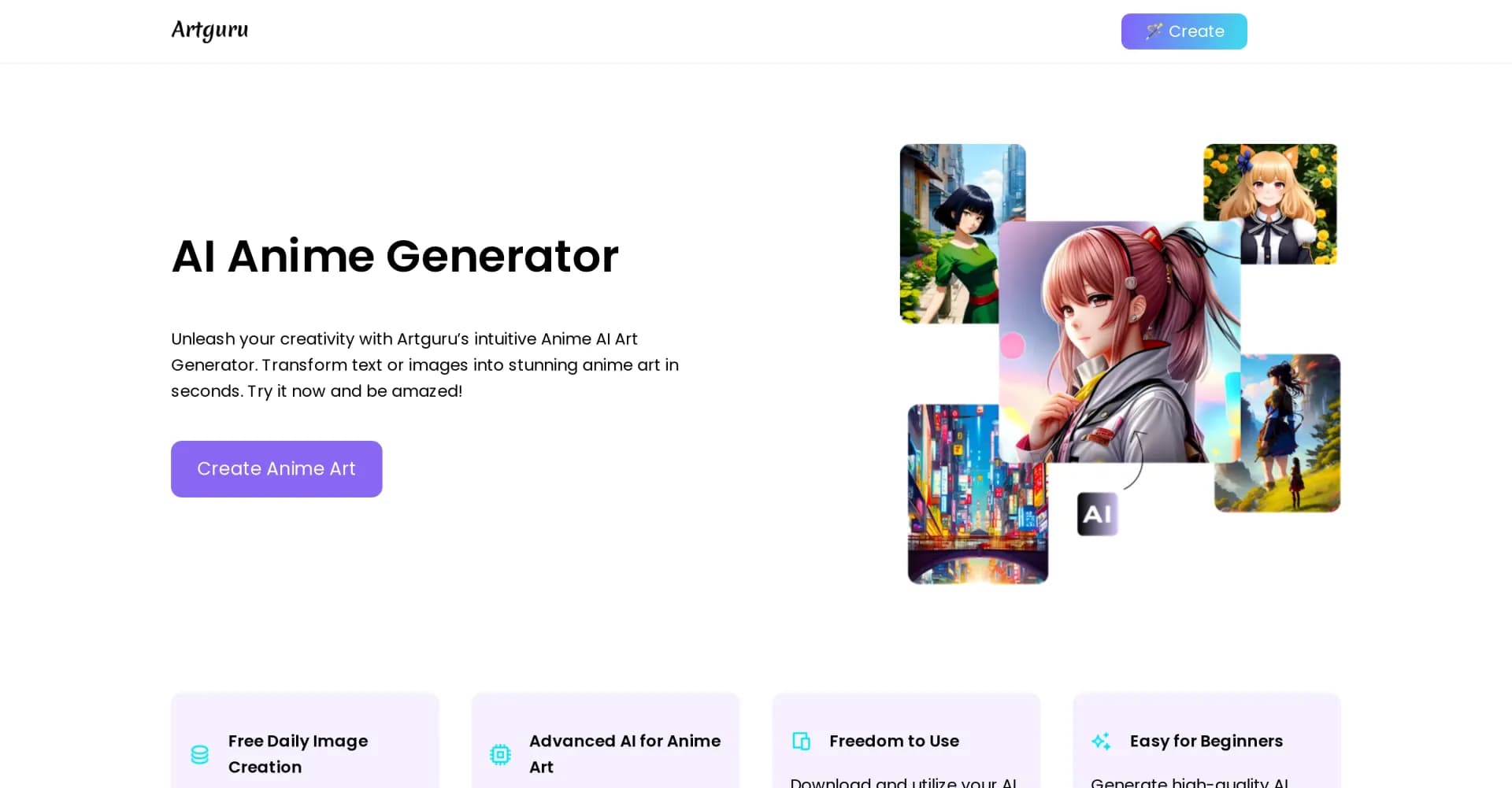 Anime Generator by Artguru homepage screenshot — Transform text or photos into captivating anime art
