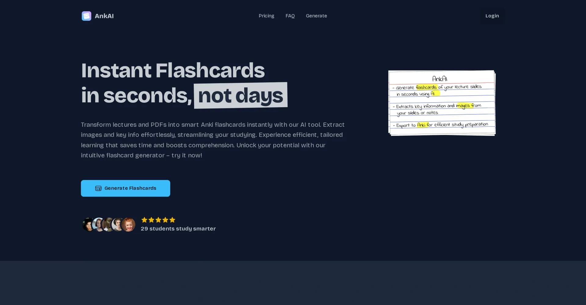 AnkAI homepage screenshot — Convert PDFs into Anki flashcards effortlessly.
