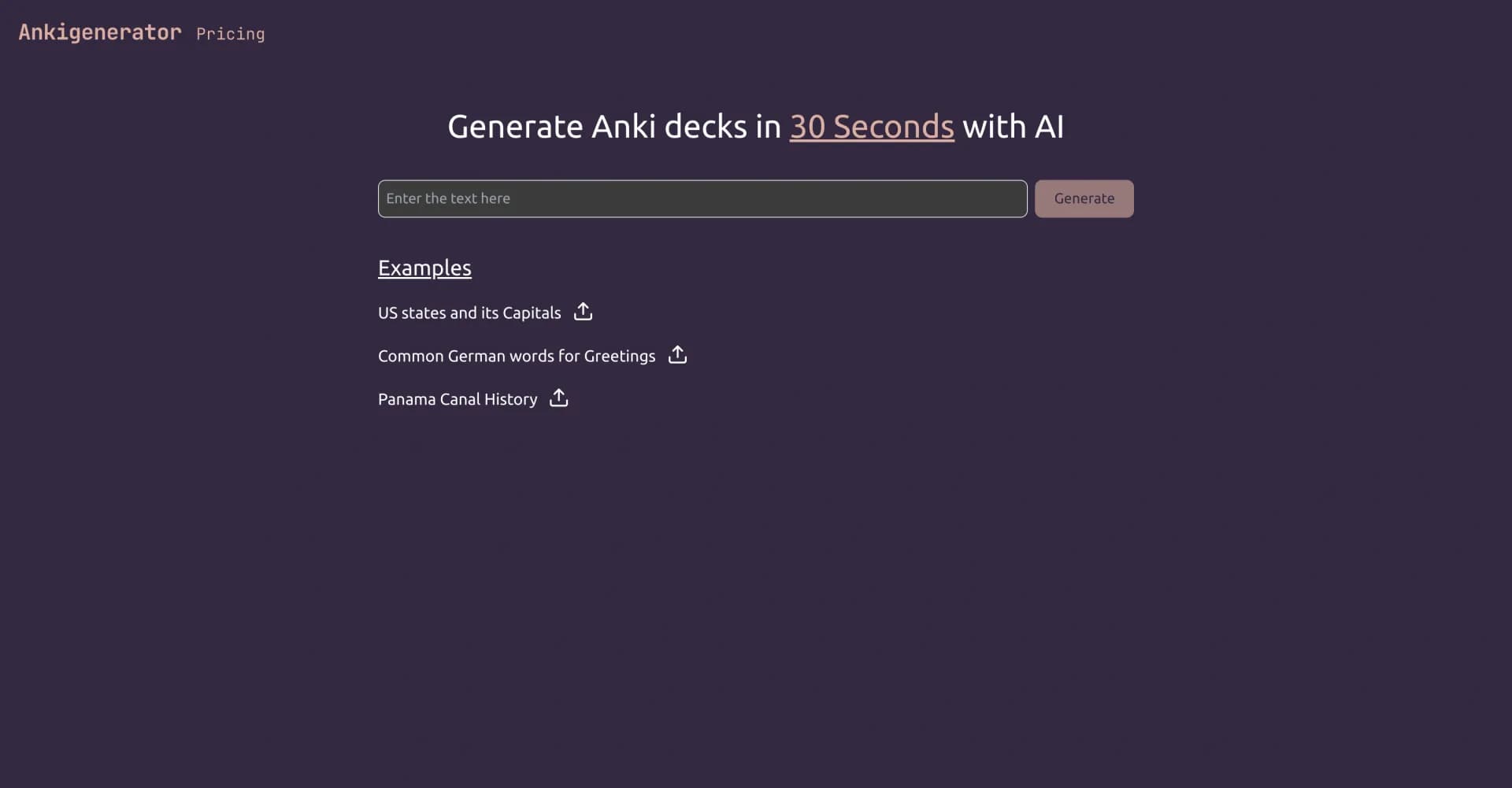 Ankigenerator homepage screenshot — AI-powered Anki deck creation in seconds.