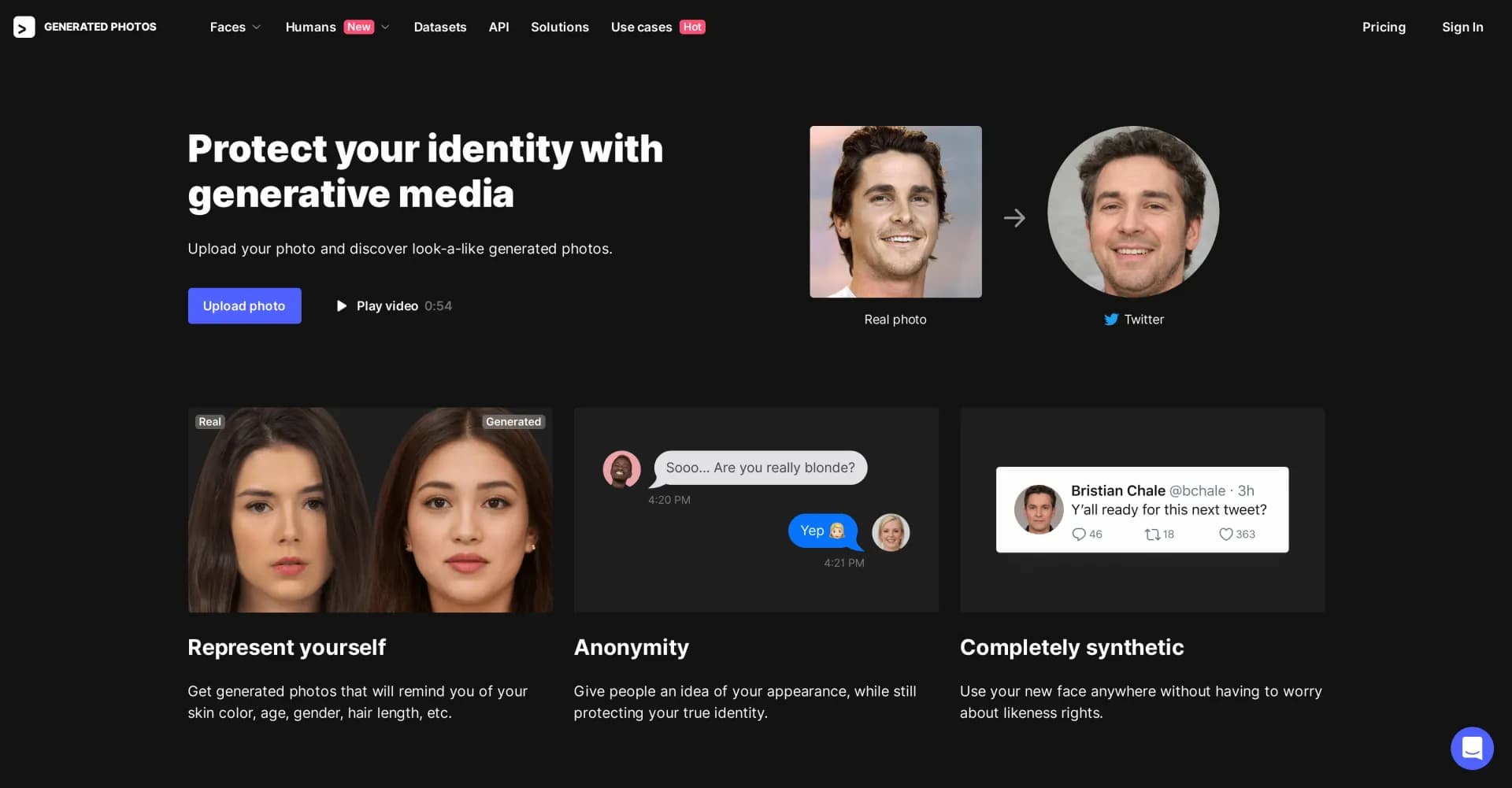 Photo Anonymizer homepage screenshot — Generate AI look-alikes to protect your identity online.
