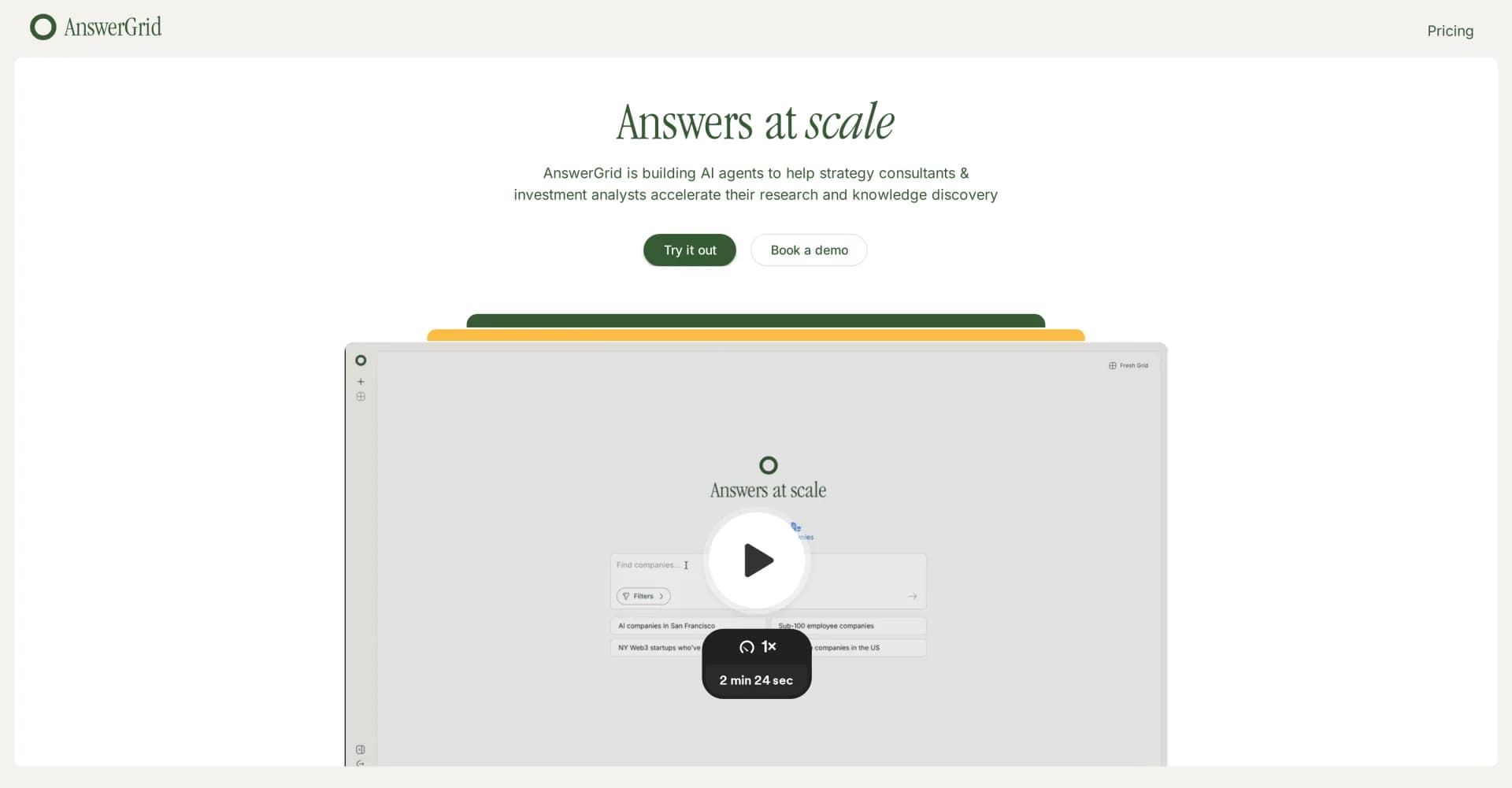 AnswerGrid homepage screenshot — Grid-powered Q&A for faster insights