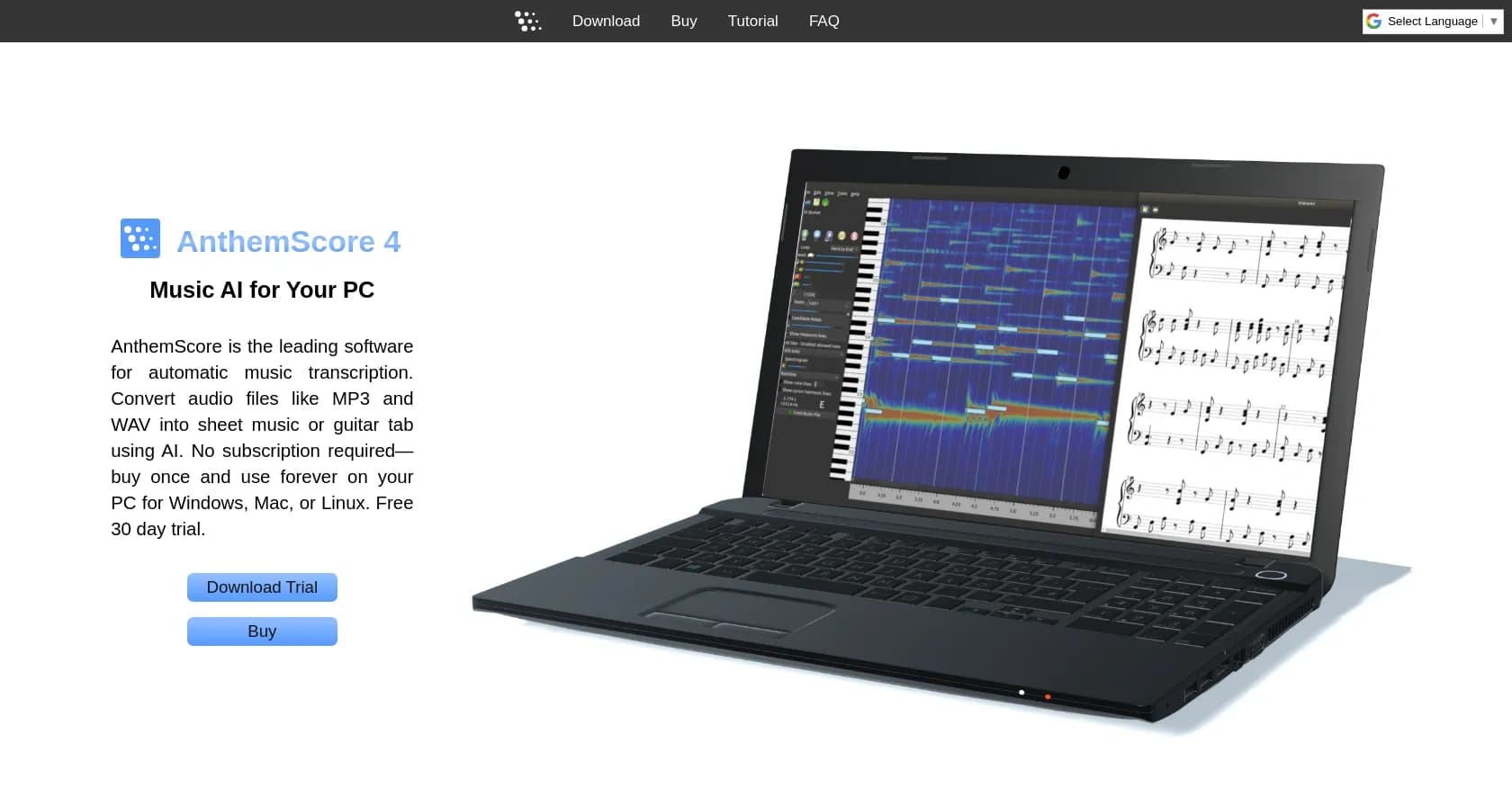 AnthemScore by Lunaverus homepage screenshot — Convert audio to sheet music with AI.