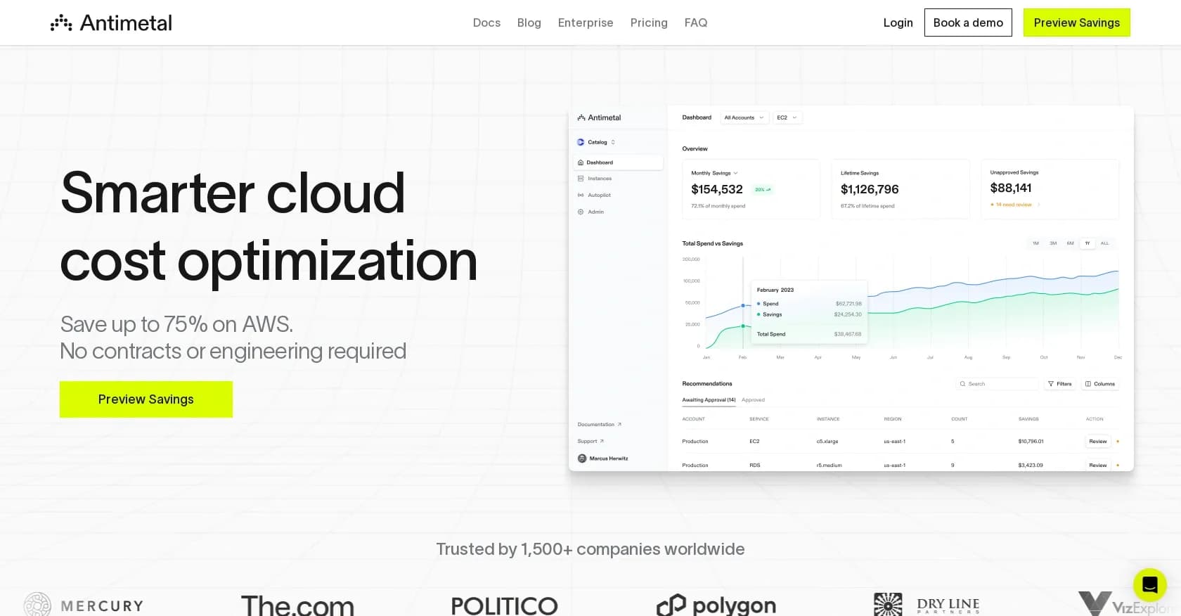 Antimetal homepage screenshot — Automate AWS savings without code or engineering.