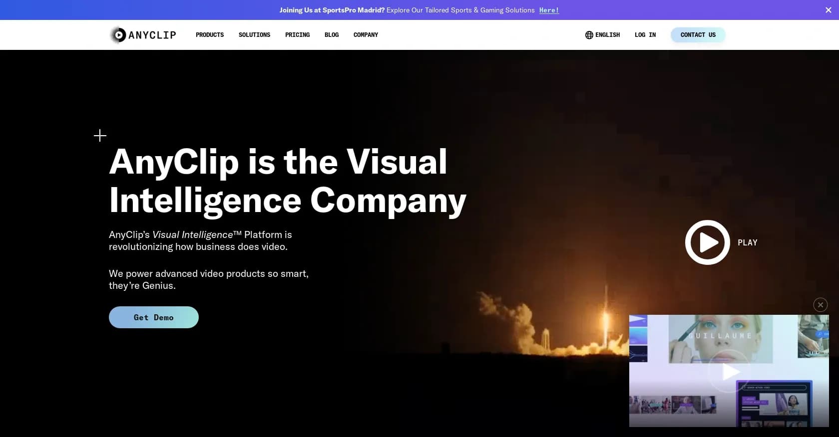 AnyClip homepage screenshot — Redefine video with dynamic AI intelligence.