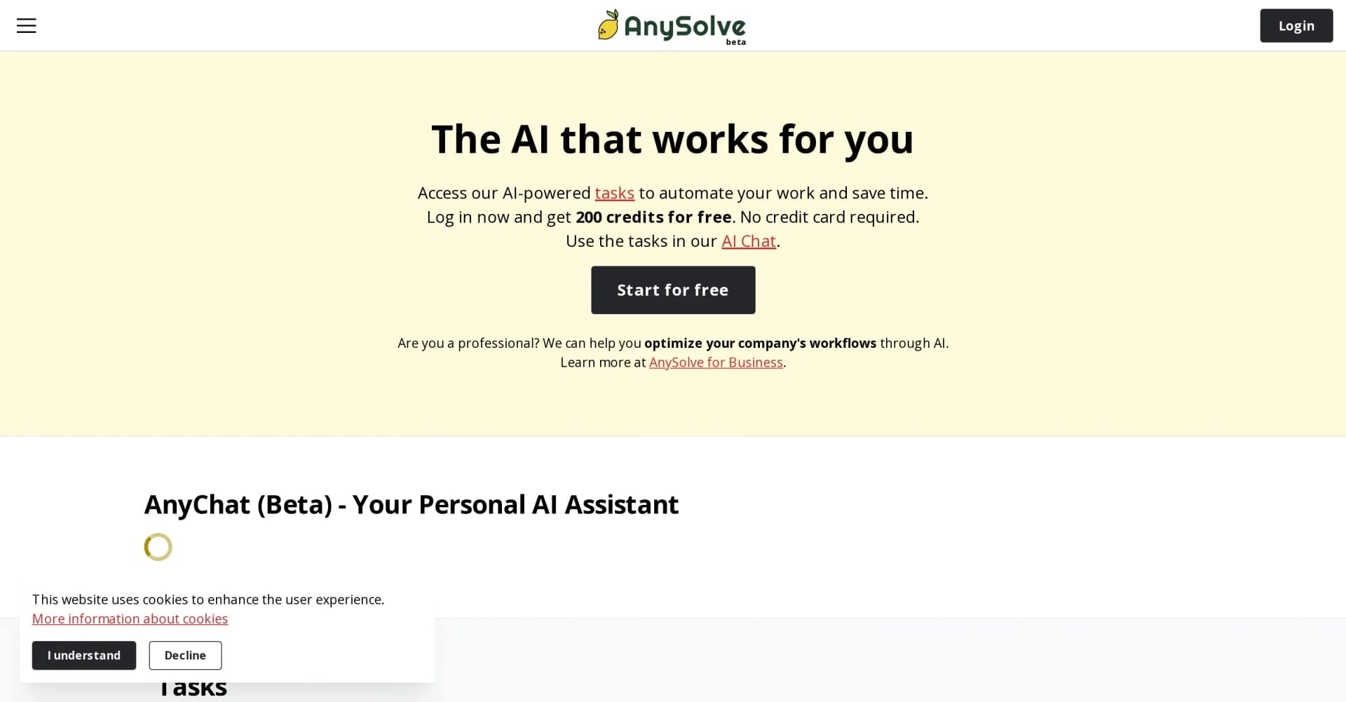 AnySolveAI homepage screenshot — Automate complex tasks with AI-powered workflows.