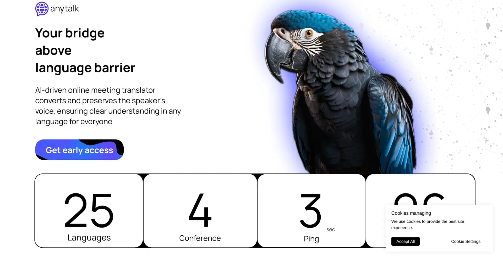 Anytalk homepage screenshot — Real-time voice translation for multilingual meetings.