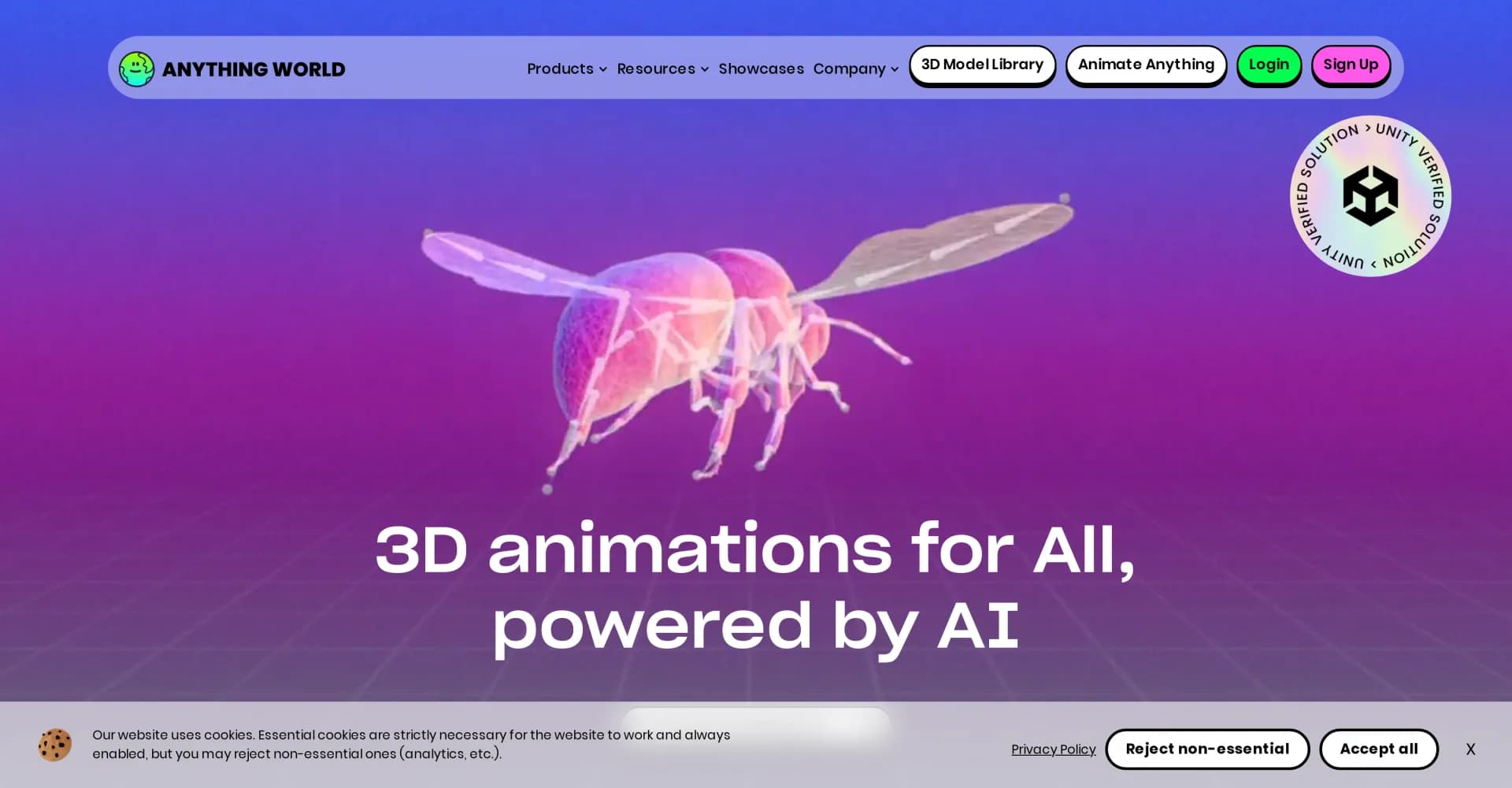 Anything World homepage screenshot — Unleash 3D creativity with AI-powered animation