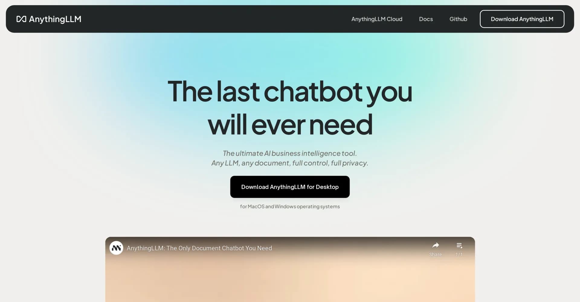 AnythingLLM homepage screenshot — All-in-one private LLM and RAG desktop app for Mac, Windows,