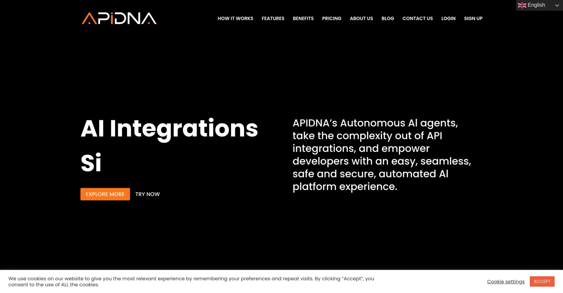 APIDNA homepage screenshot — AI agents for seamless, automated API integrations.