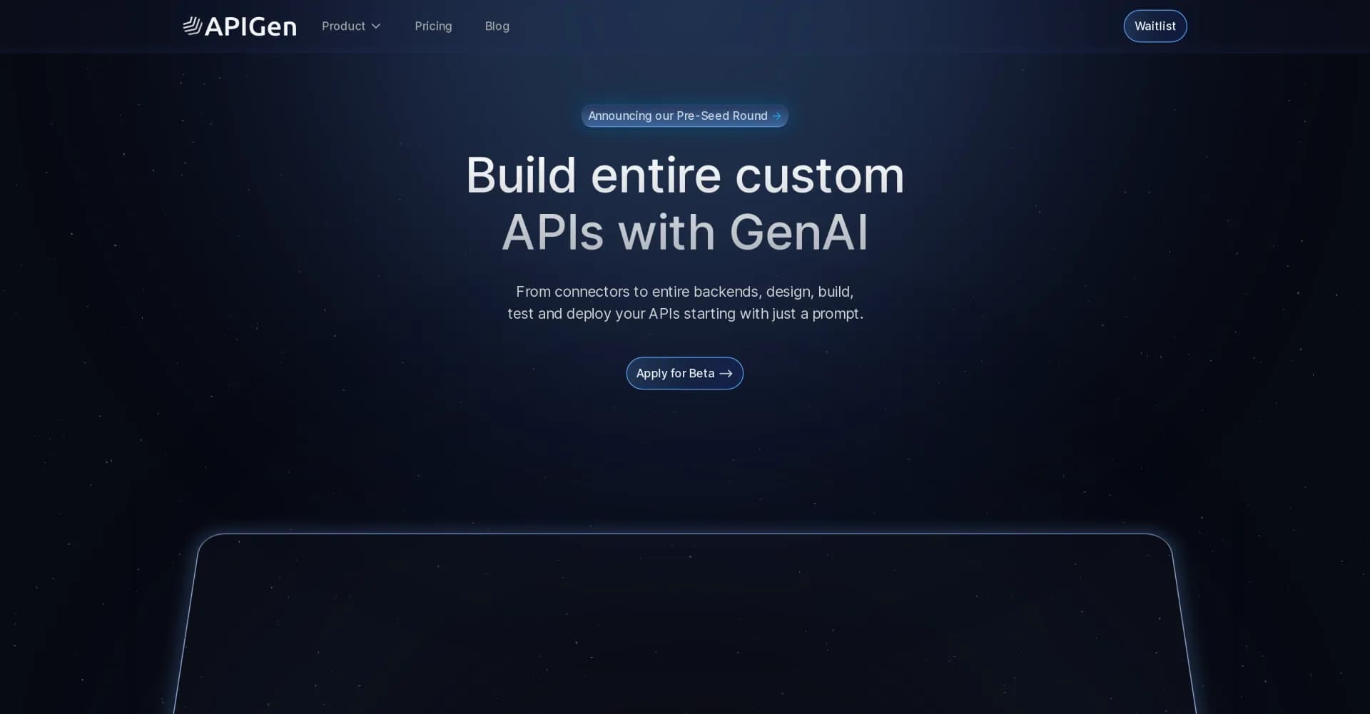 APIGen homepage screenshot — Build custom APIs from prompts in minutes