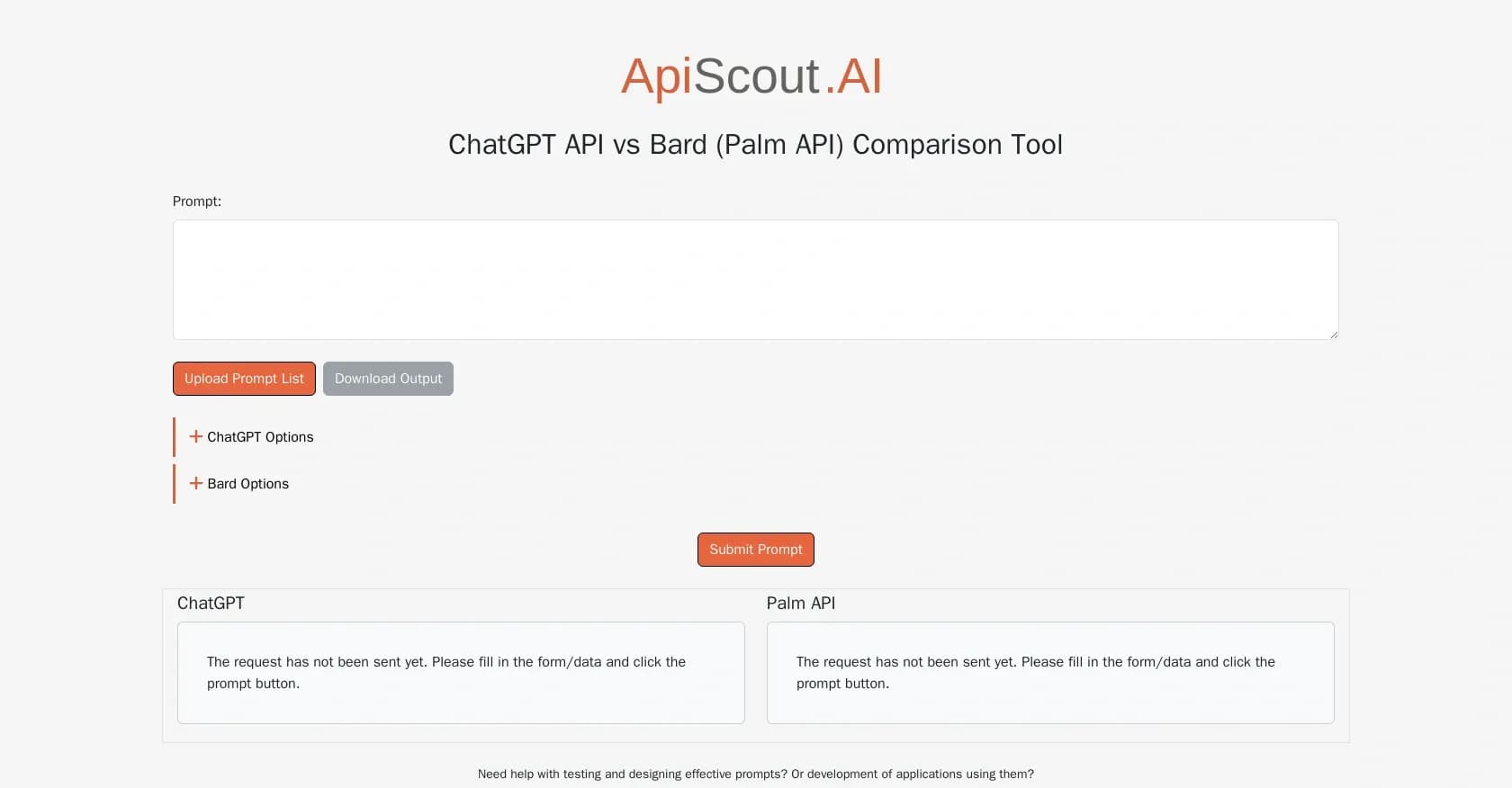 APIScout homepage screenshot — Compare ChatGPT and Bard APIs side-by-side.