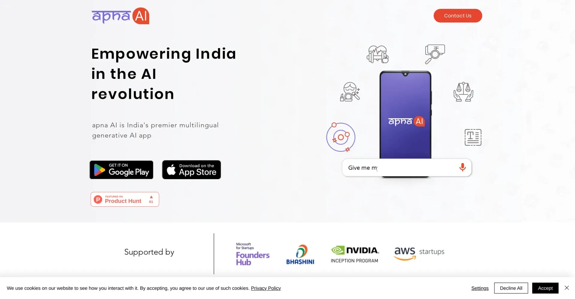 apnaAI homepage screenshot — Multilingual AI companion for India's daily life