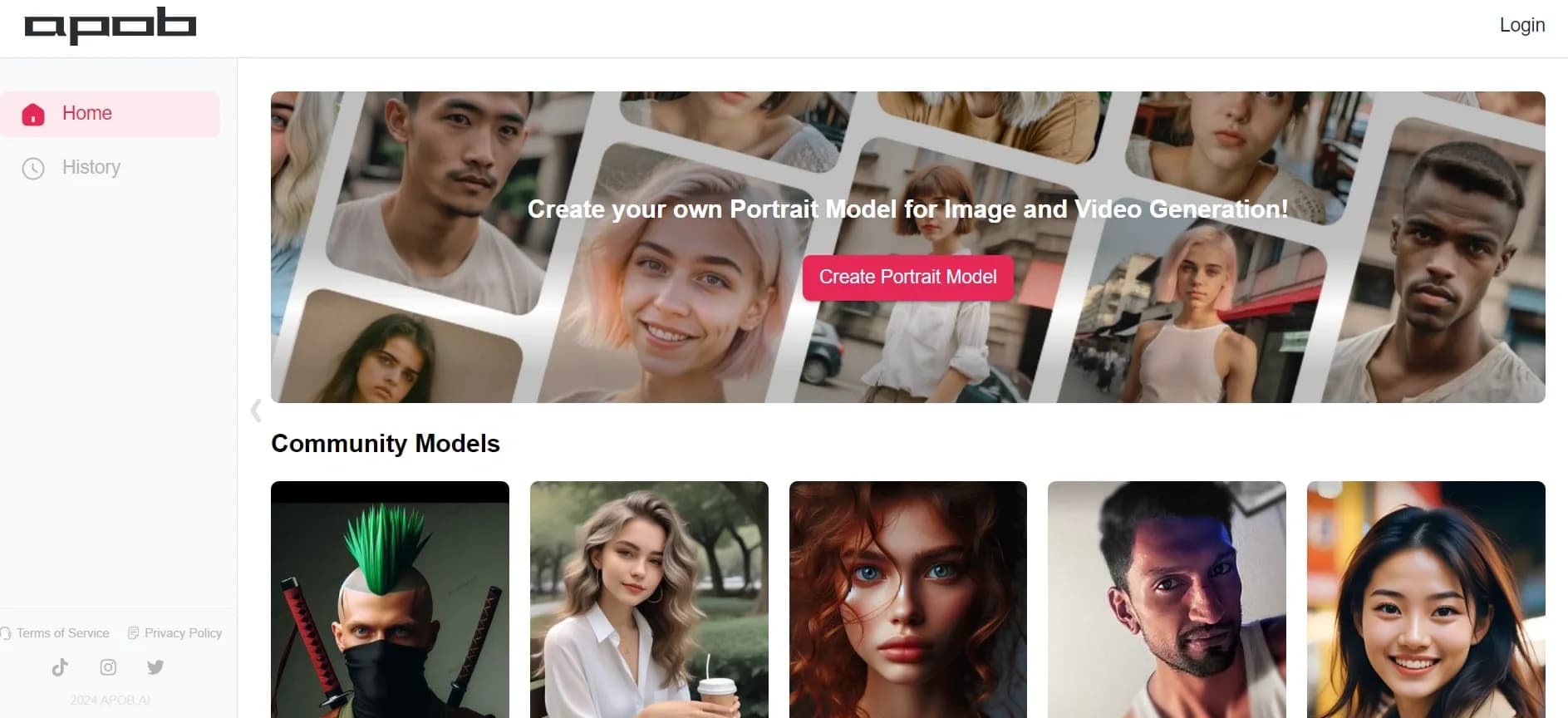 APOBv1.0.1 homepage screenshot — Earn money by creating your own personalized AI influencer.