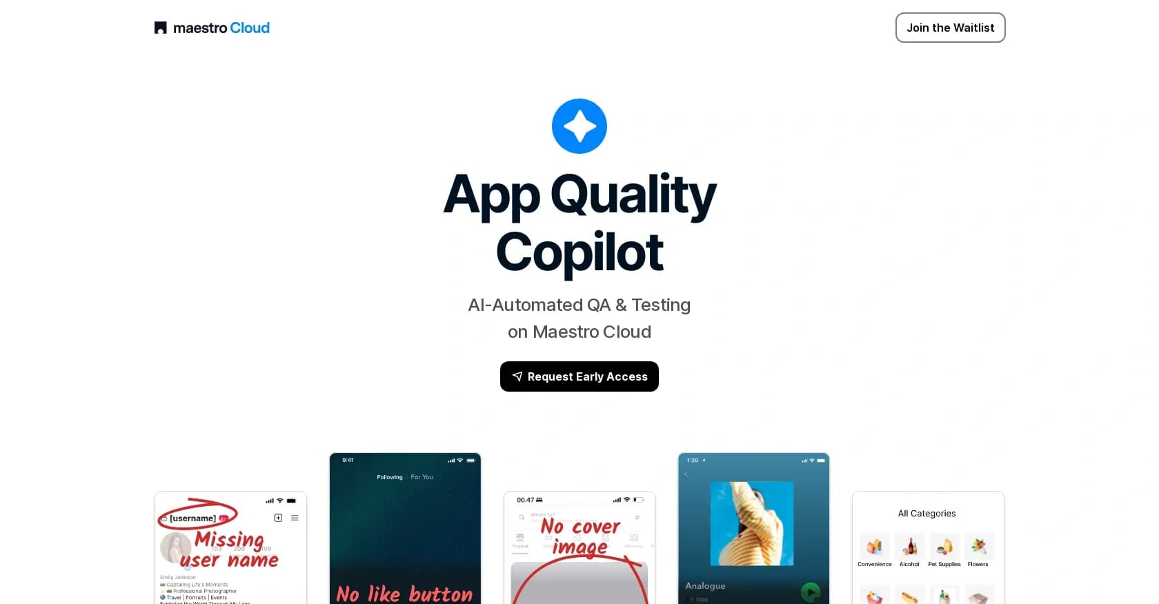 App Quality Copilot homepage screenshot — AI-powered QA and testing for mobile apps.