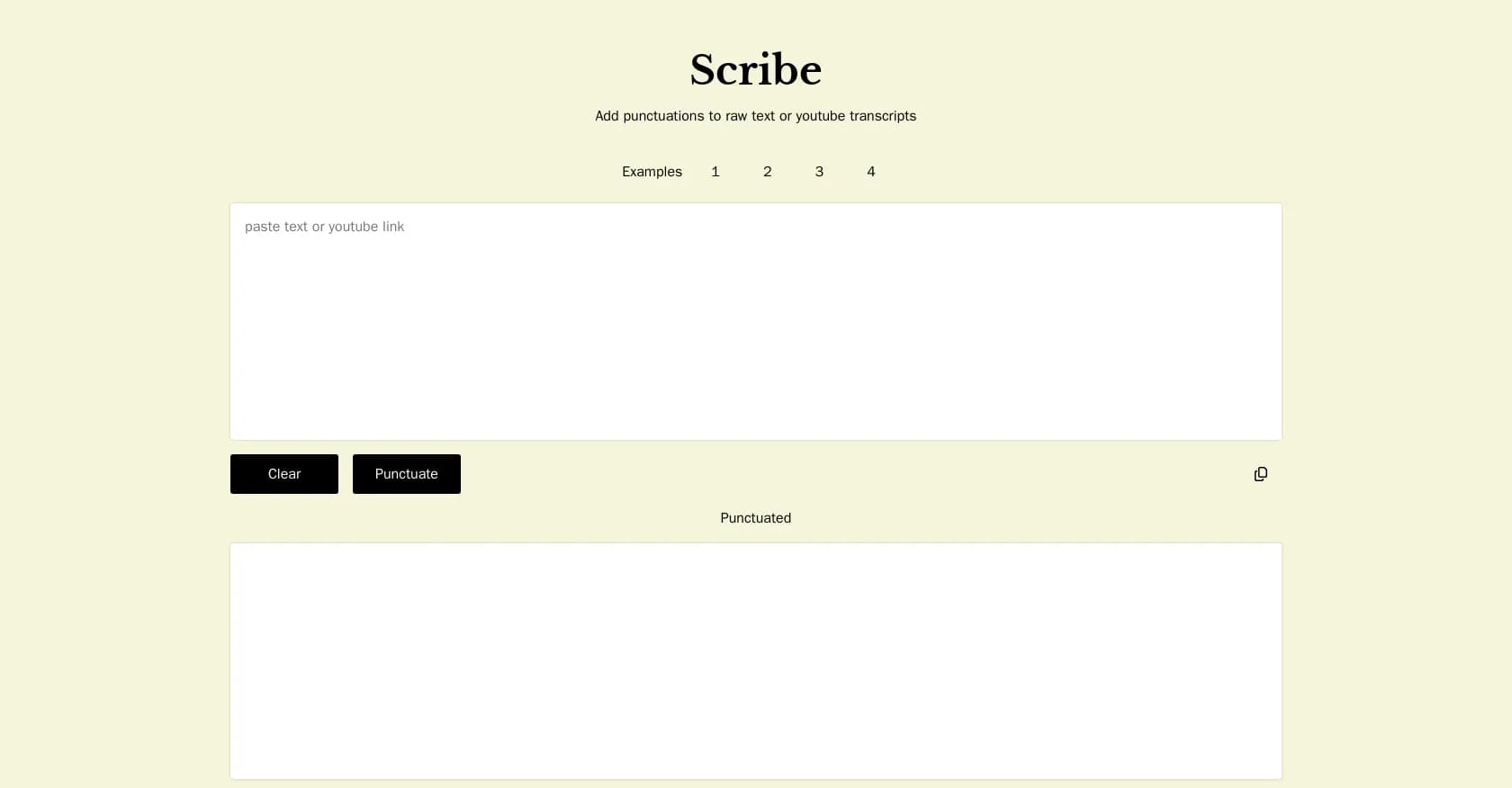 Appblit Scribe homepage screenshot — Add punctuation to raw text instantly