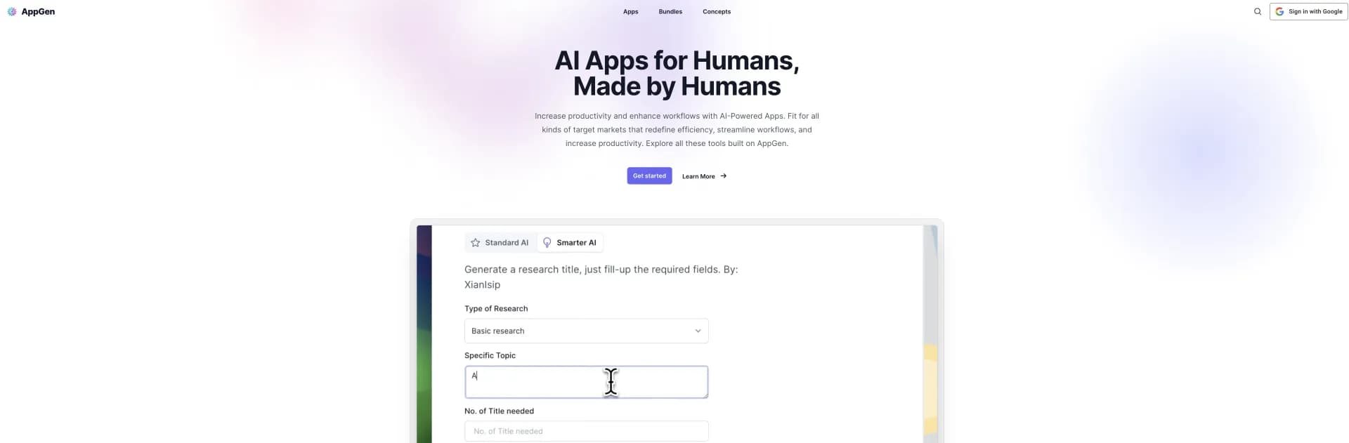 AppGen homepage screenshot — Build AI-powered apps in minutes, code-free.