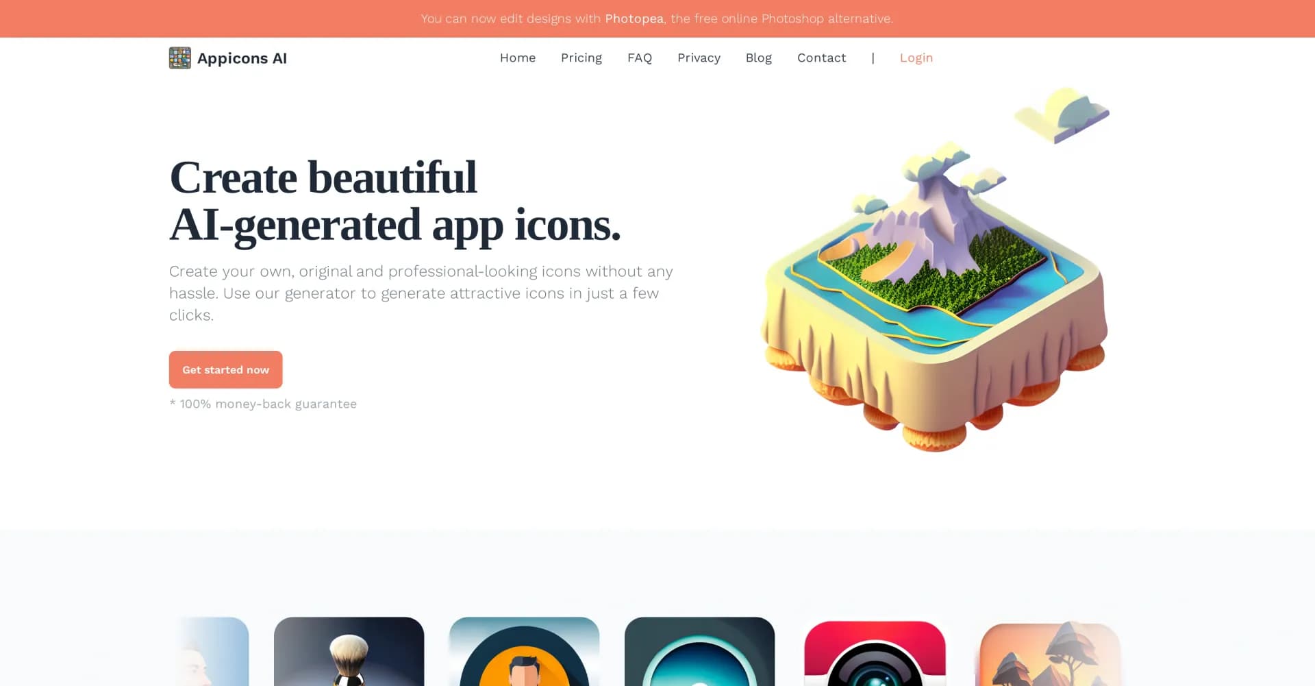 AppIcons homepage screenshot — Create stunning app icons with AI in seconds.