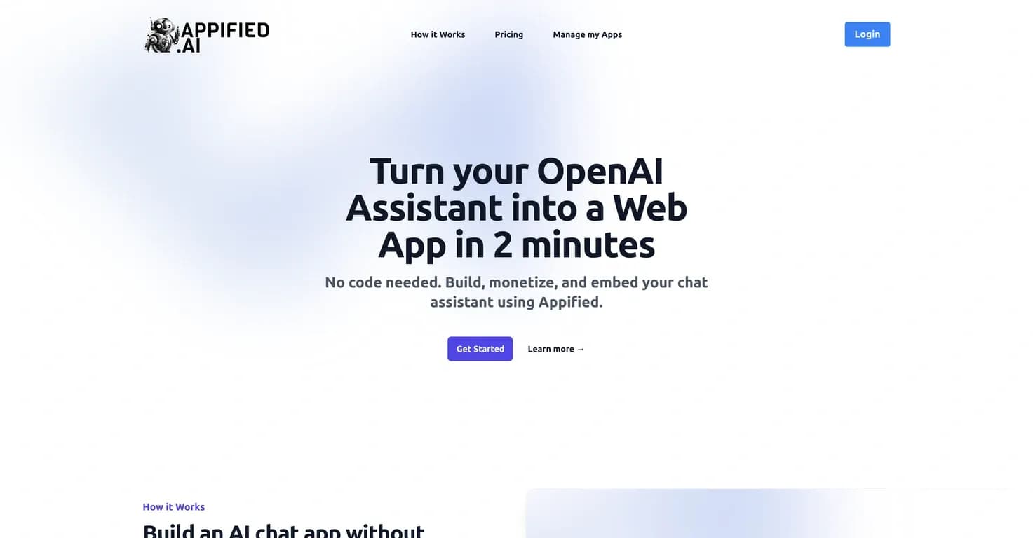 Appified.ai homepage screenshot — Turn your OpenAI Assistant into a Web App in minutes.
