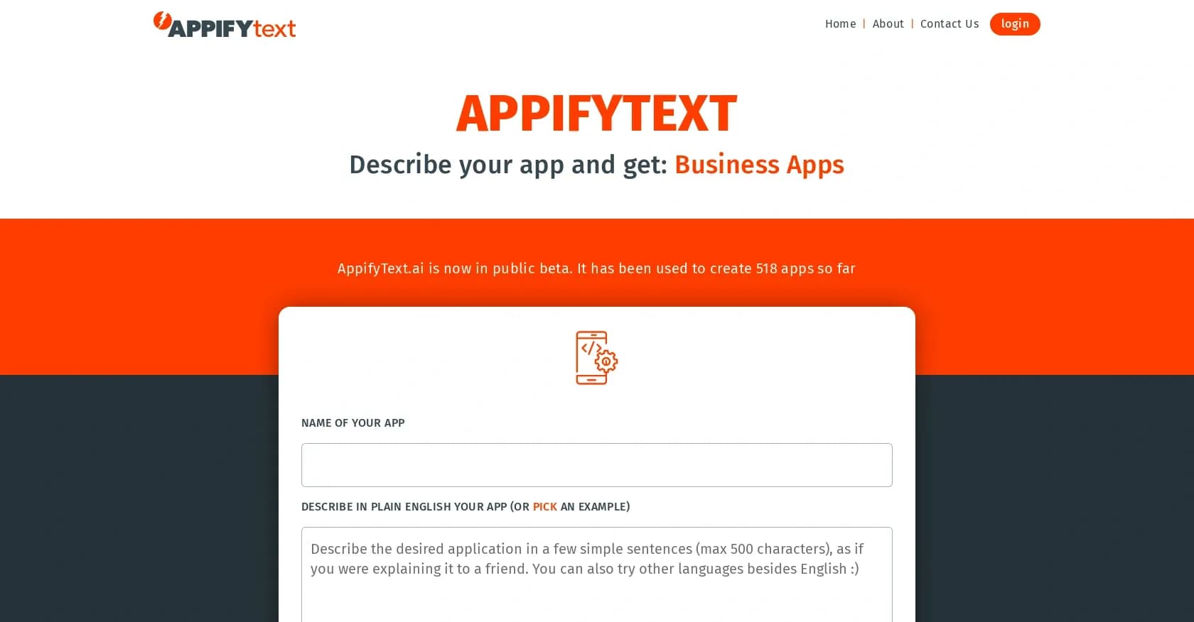 AppifyText homepage screenshot — Create custom apps from plain English descriptions.