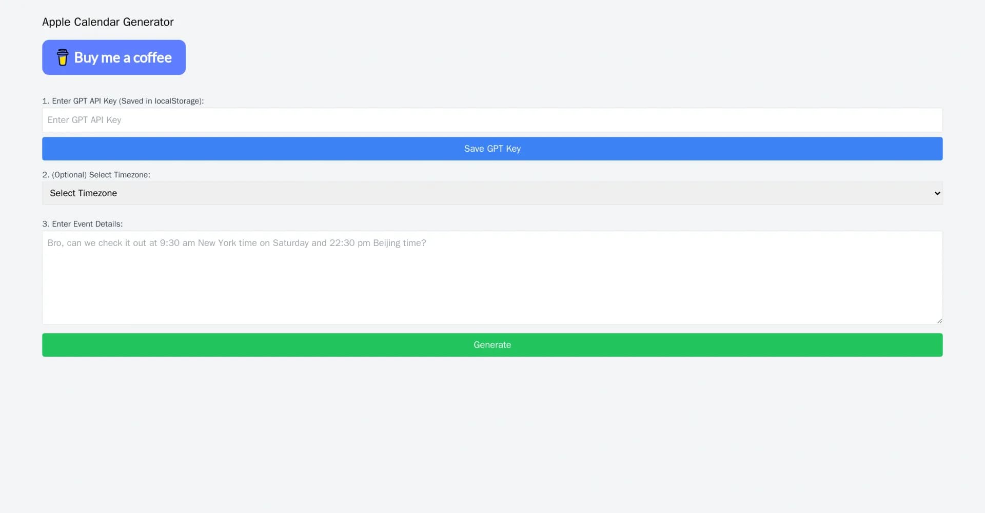 Apple Calendar Generator homepage screenshot — Generate Apple Calendar events effortlessly