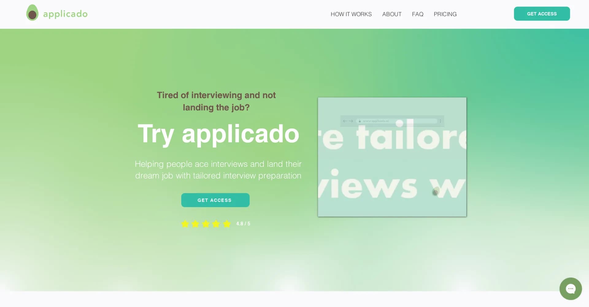 Applicado homepage screenshot — Ace interviews with tailored AI preparation.