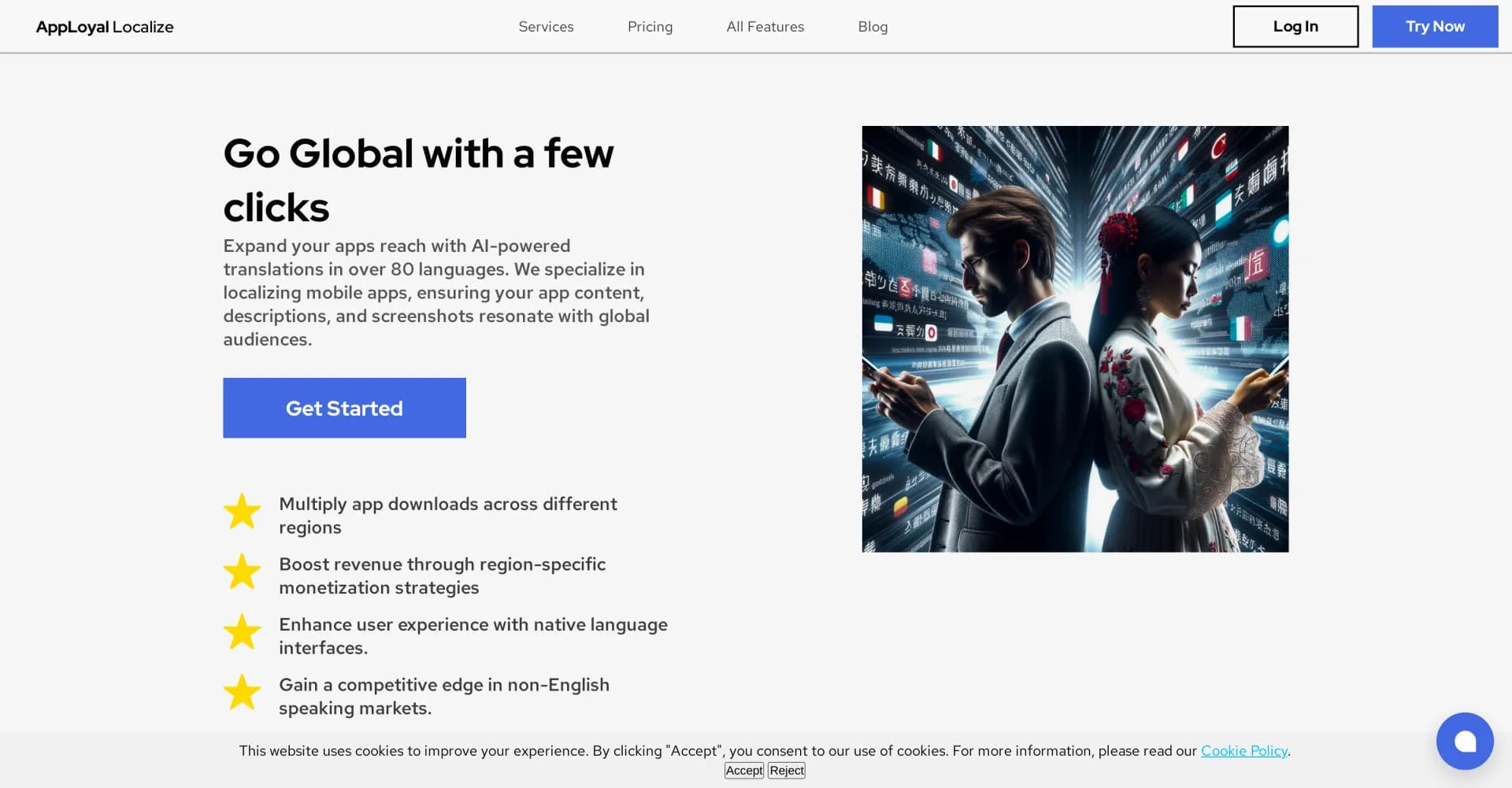 Apployal homepage screenshot — AI-powered app localization in 80+ languages