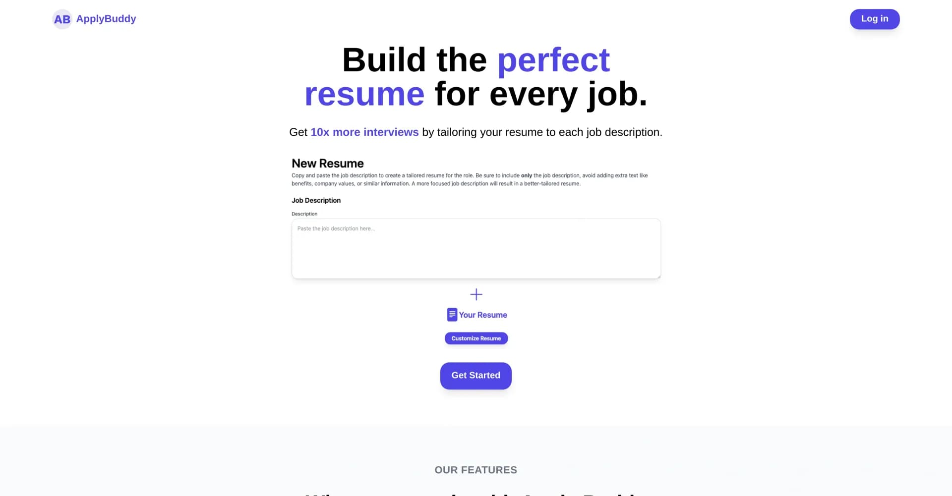 Apply Buddy AI homepage screenshot — AI-powered job application assistant for tailored resumes