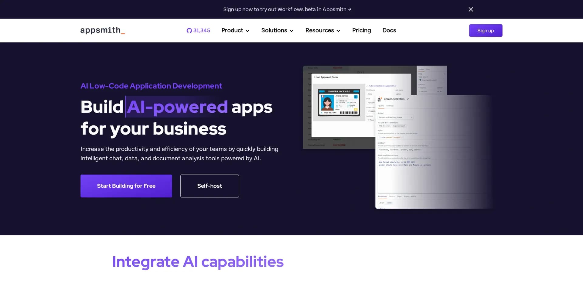 Appsmith homepage screenshot — Build AI-powered apps for your business