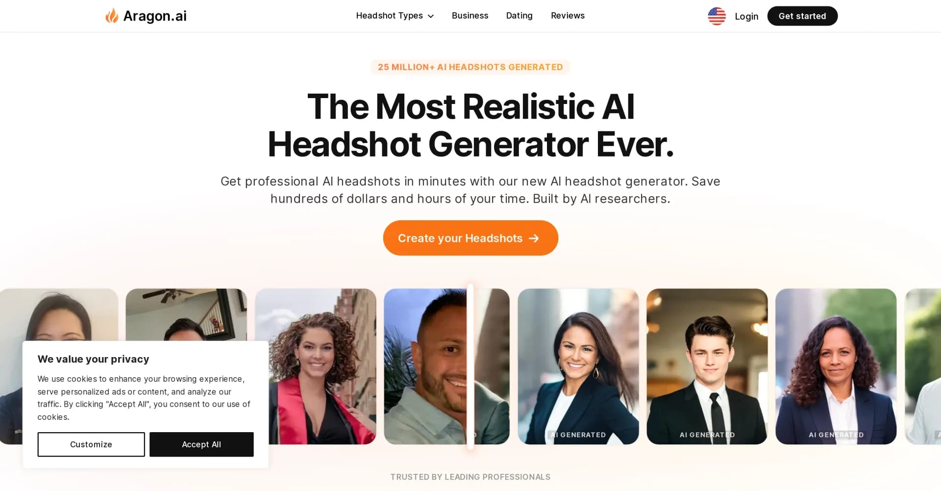 Aragon homepage screenshot — Get professional AI headshots in minutes.