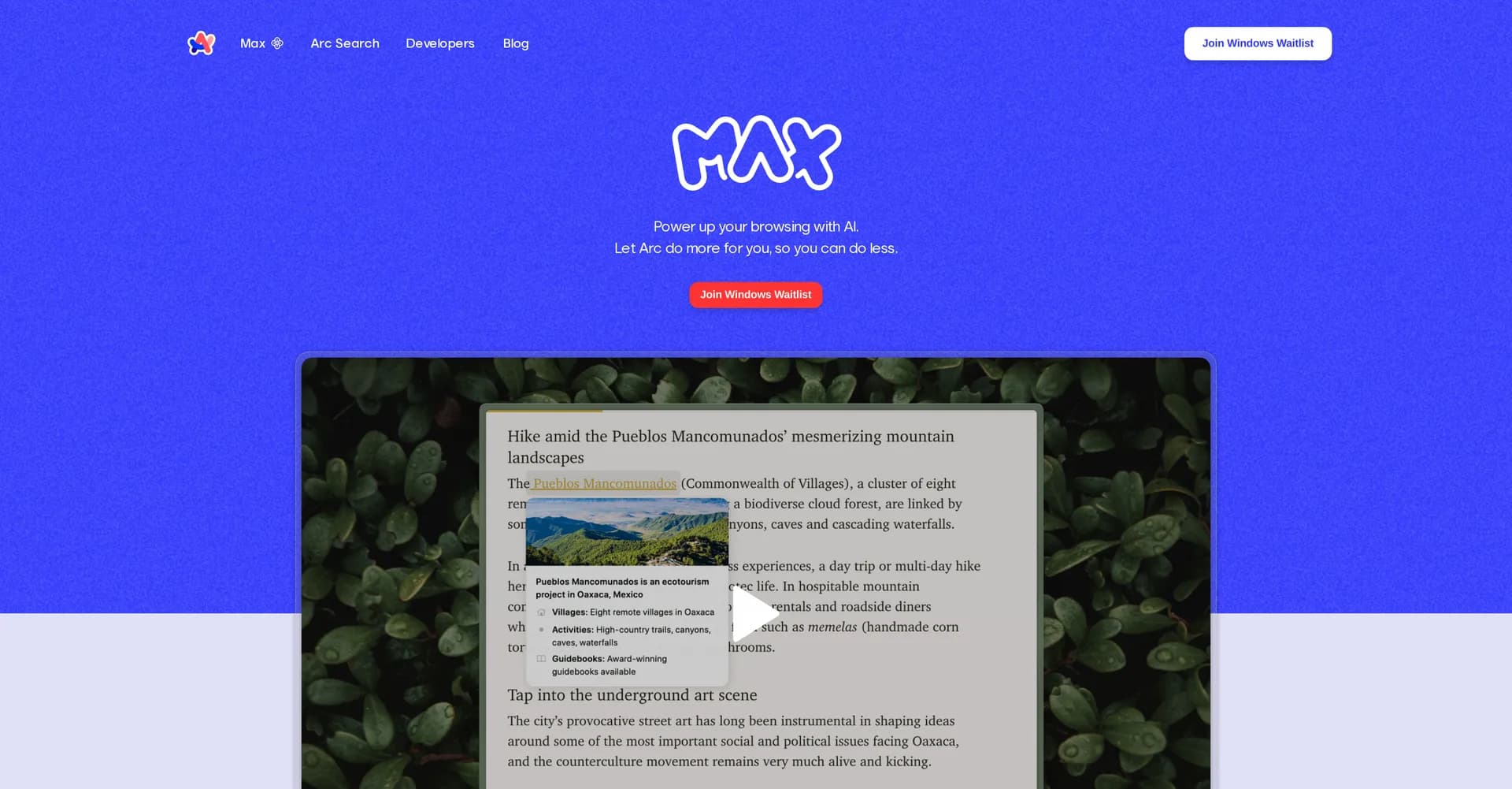 Arc Max homepage screenshot — Power up your browsing with AI